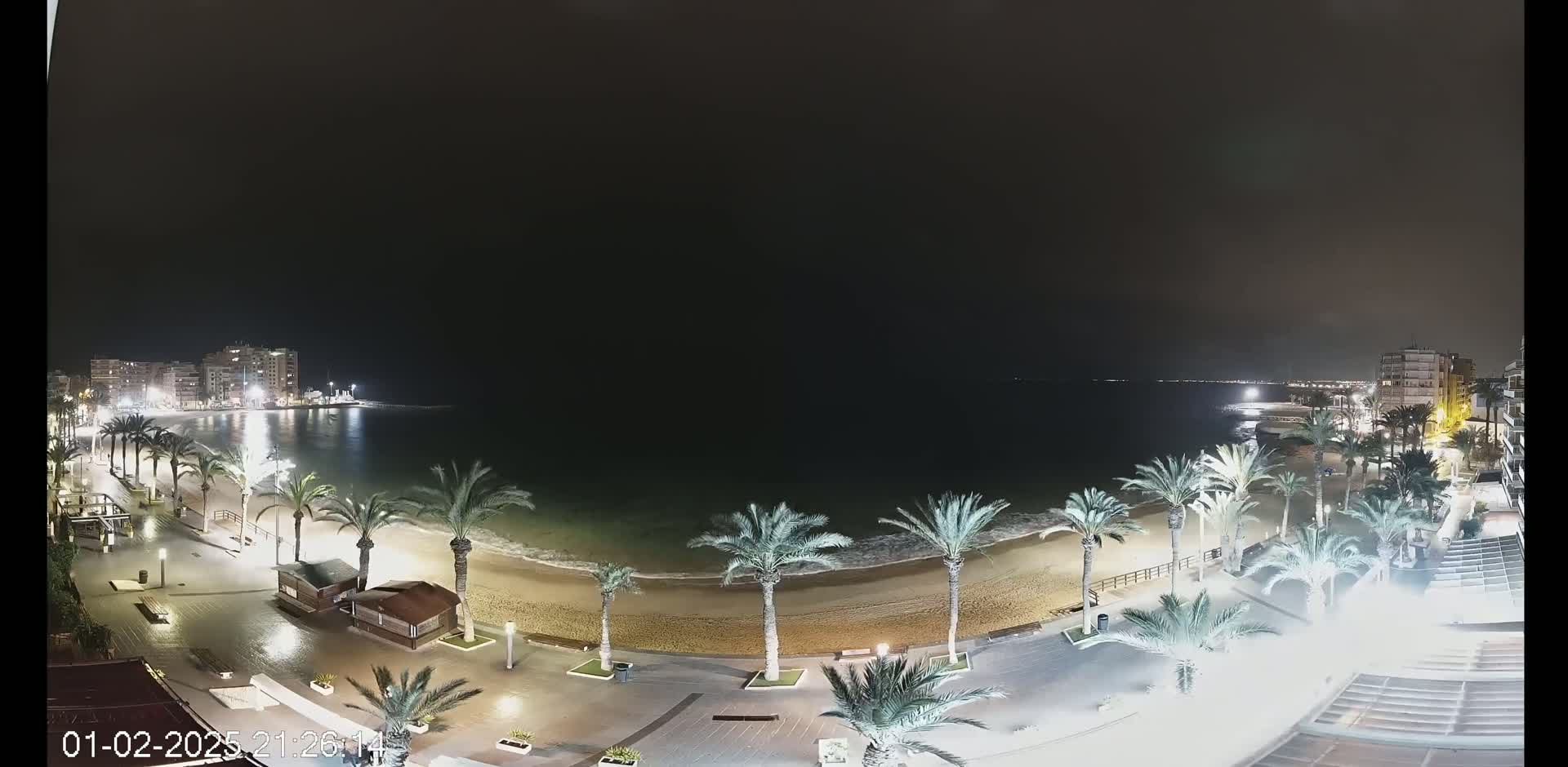 A nighttime view of a sandy beach lined with palm trees and buildings, with calm water under a dark sky.