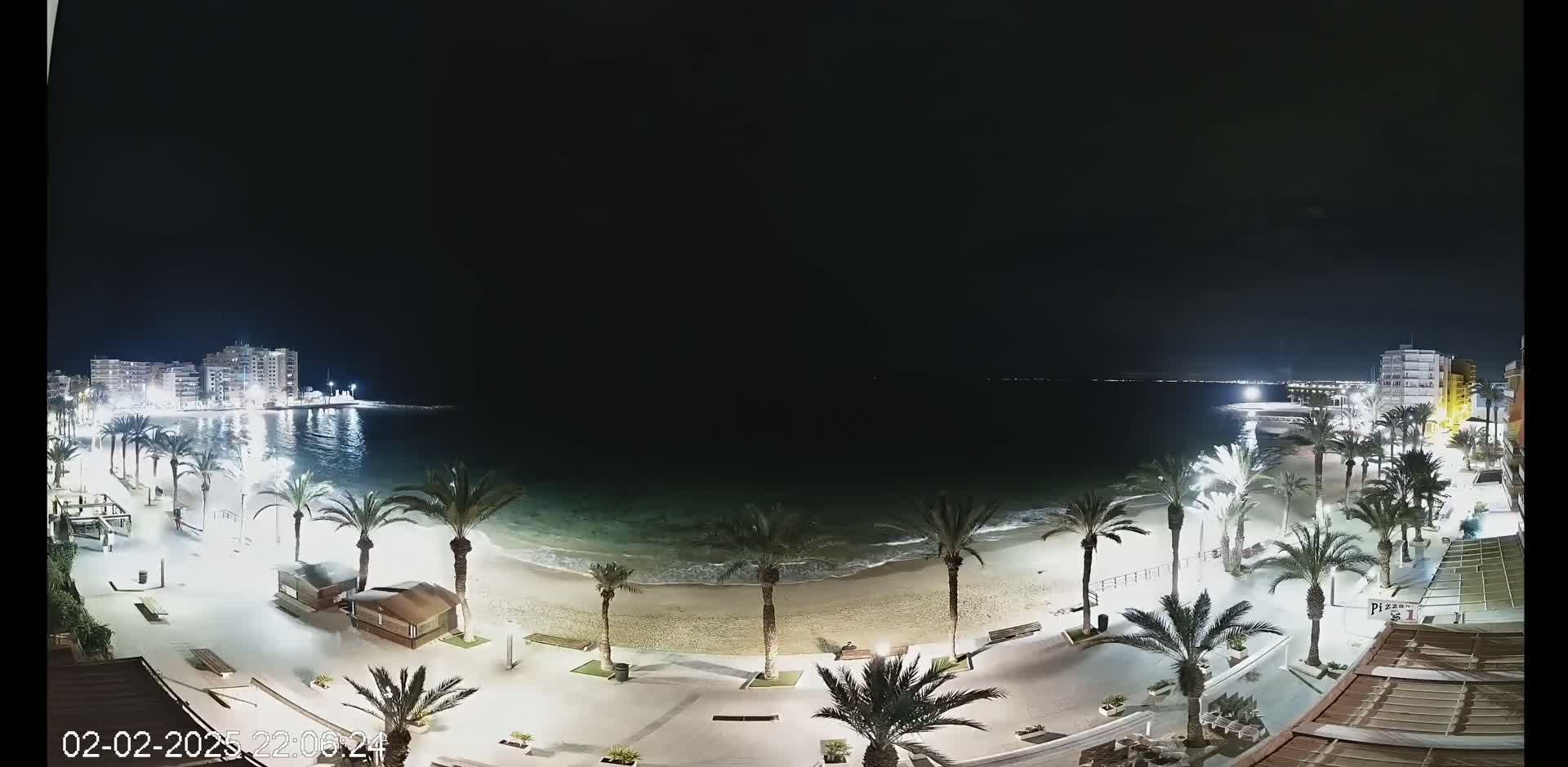A nighttime view of a beach at the edge of a town, with palm trees lining a paved walkway, calm waves lapping the shore, and buildings faintly illuminated in the distance under a dark, clear sky.
