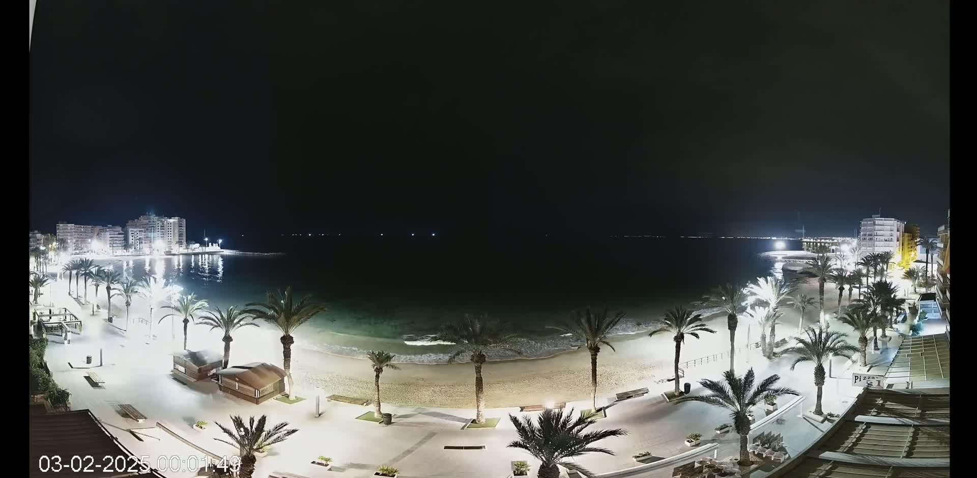 A nighttime, high-angle view shows a beach with palm trees lining a paved walkway, illuminated buildings across the water, and gentle waves lapping the shore under a dark sky.