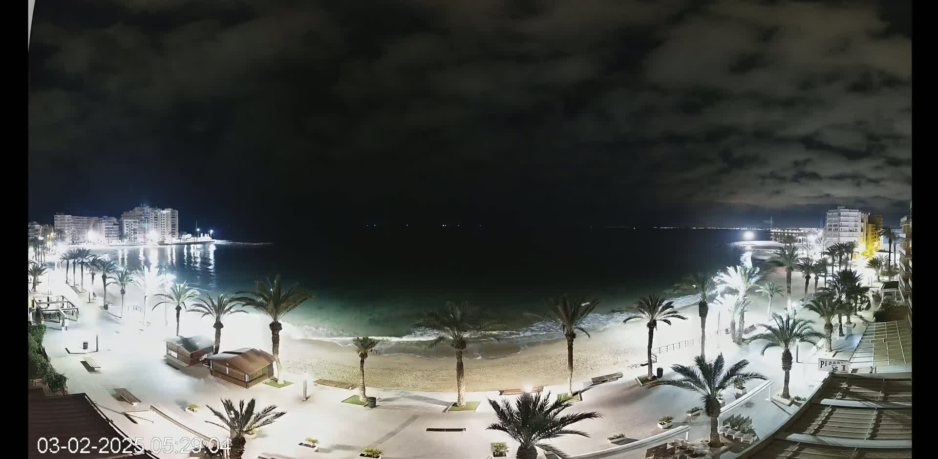 A nighttime view of a beach with palm trees lining a paved walkway, illuminated buildings in the distance, and gentle waves lapping the shore under a cloudy sky.