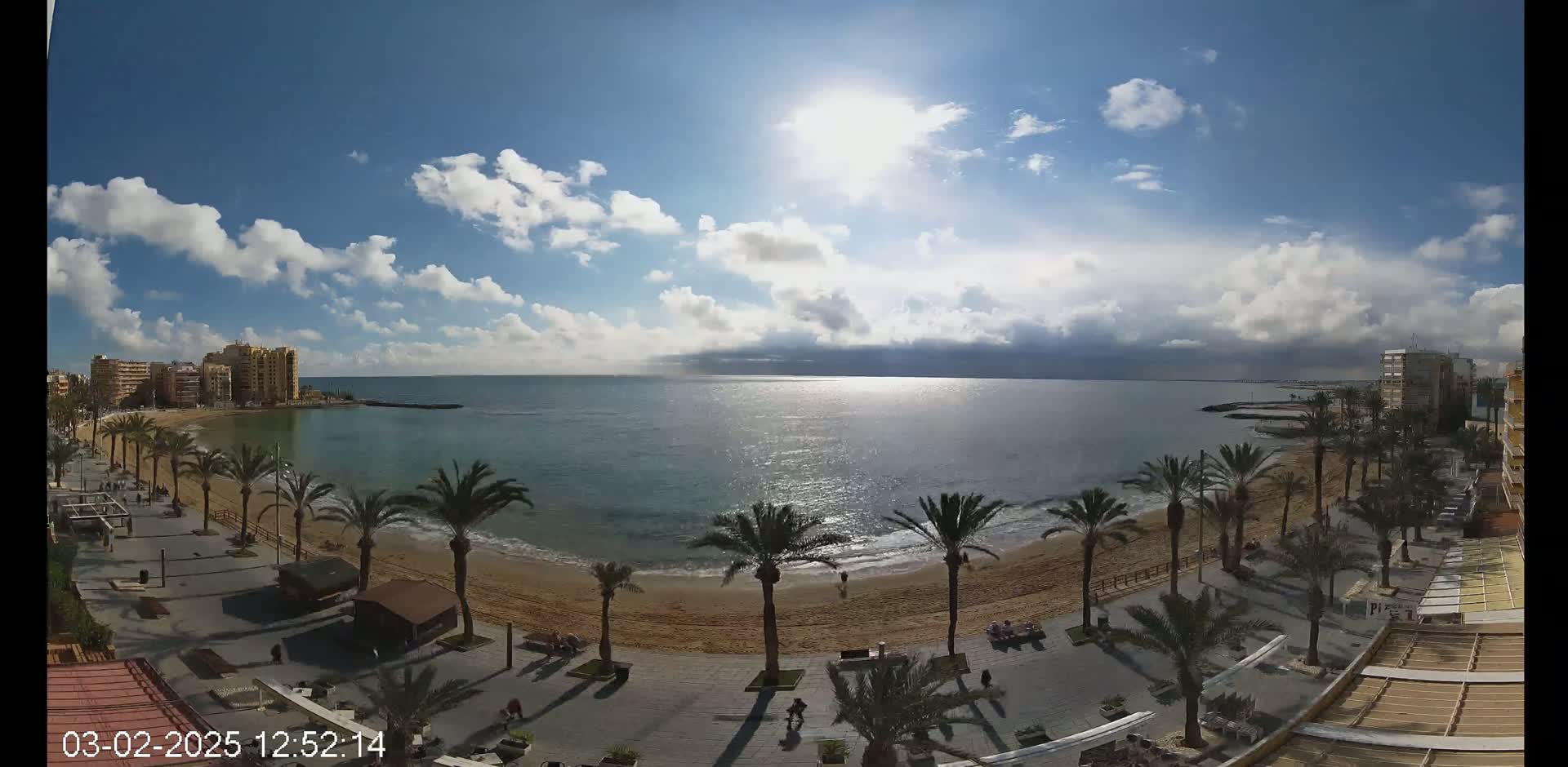 A sunny day with partly cloudy skies overlooks a sandy beach lined with palm trees and buildings, a calm ocean, and a paved walkway.