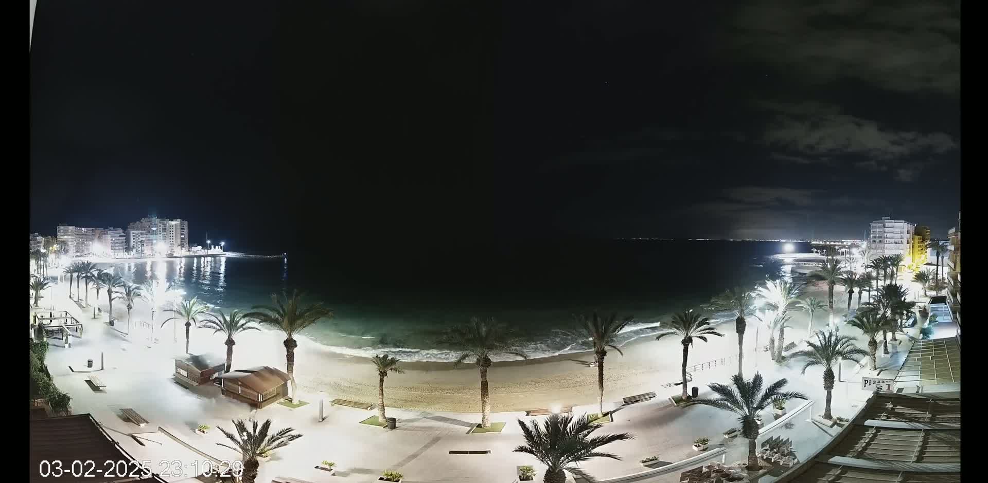 A nighttime view of a beach with palm trees lining a paved walkway, buildings in the distance, and gentle waves lapping the shore under a partly cloudy sky.