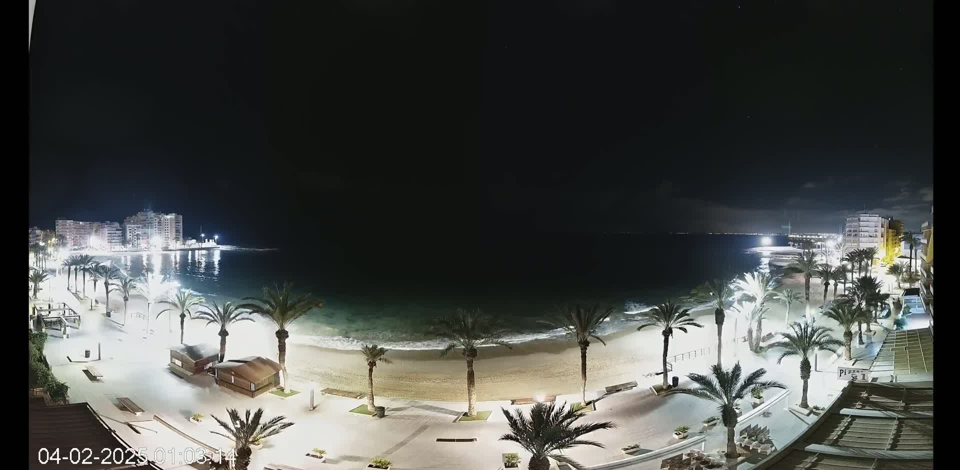 A nighttime view of a sandy beach, lined with palm trees and illuminated walkways, bordering a calm sea under a clear, dark sky.