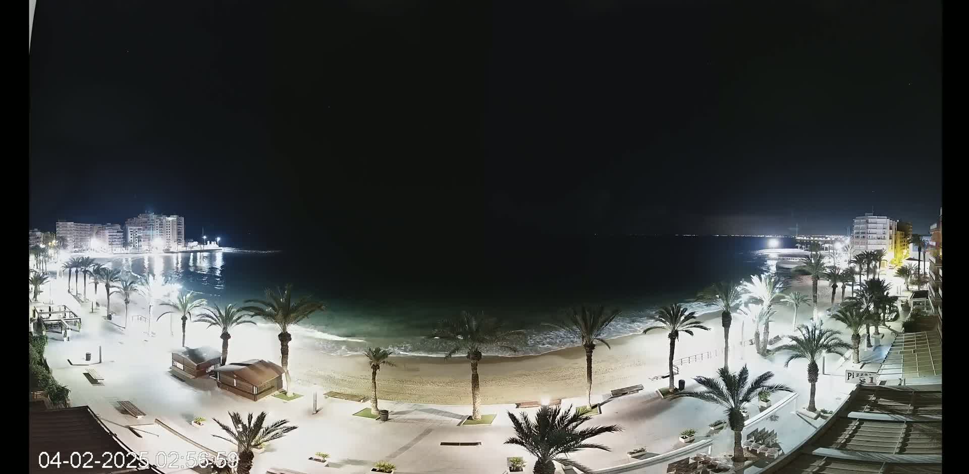 A nighttime view of a sandy beach with palm trees lining a paved walkway, bordered by buildings and lit by streetlights, under a clear dark sky.