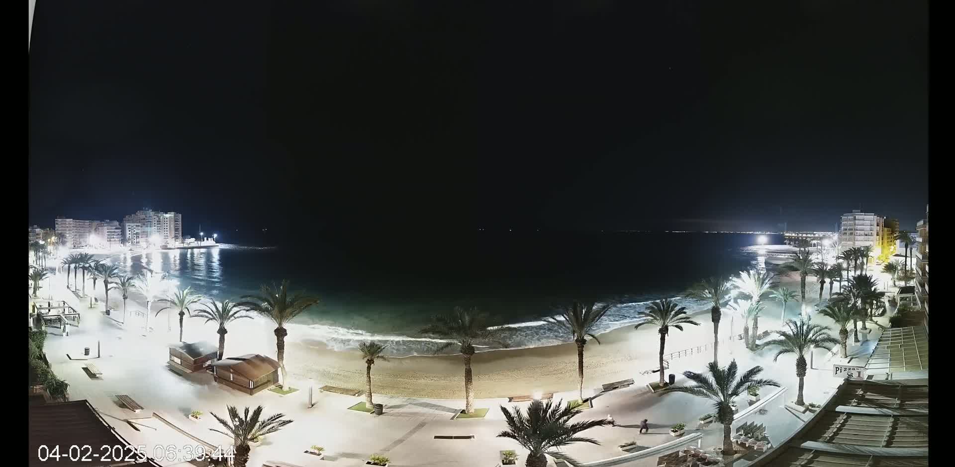 A nighttime view of a beach at low tide with palm trees lining a boardwalk, buildings visible in the distance under a clear, dark sky.