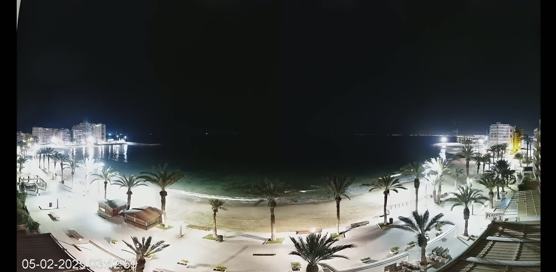 A nighttime view of a sandy beach lined with palm trees, illuminated walkways, and buildings along a calm, dark-blue sea under a clear, starless sky.