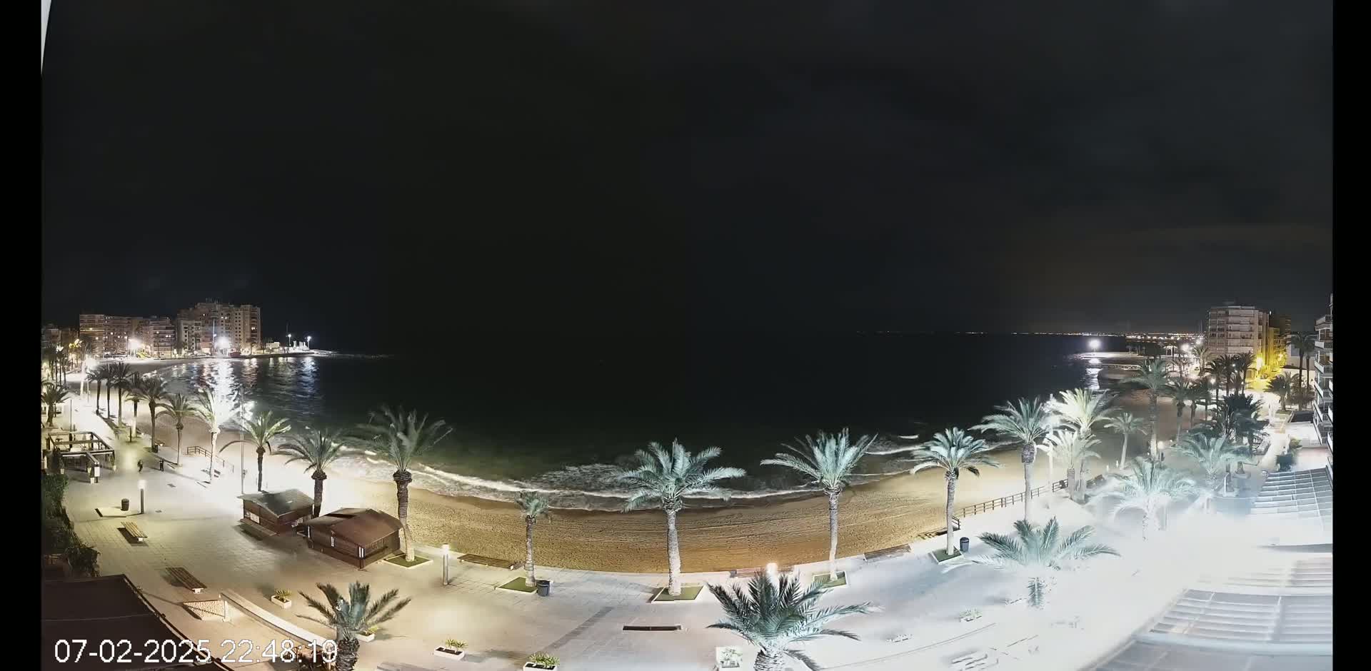 A nighttime view of a sandy beach lined with palm trees and buildings, with gentle waves lapping the shore under a dark sky.