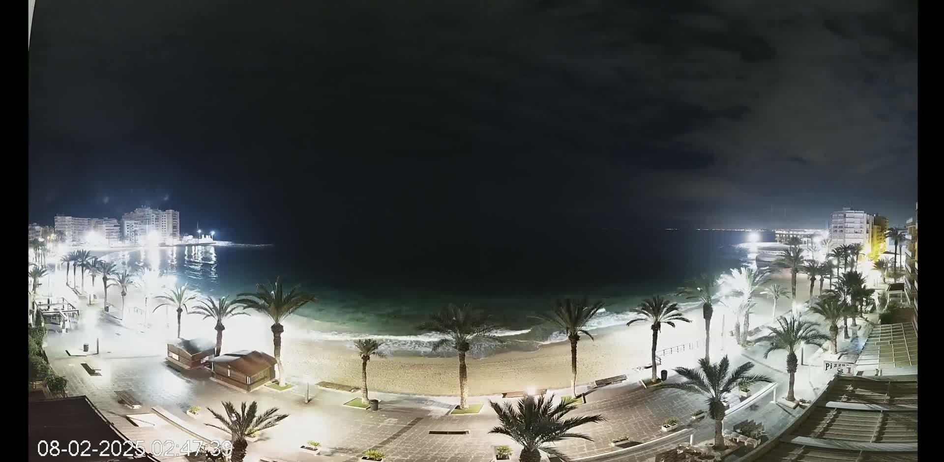 A nighttime view of a sandy beach with palm trees lining a paved walkway, buildings visible in the distance under a dark, cloudy sky.