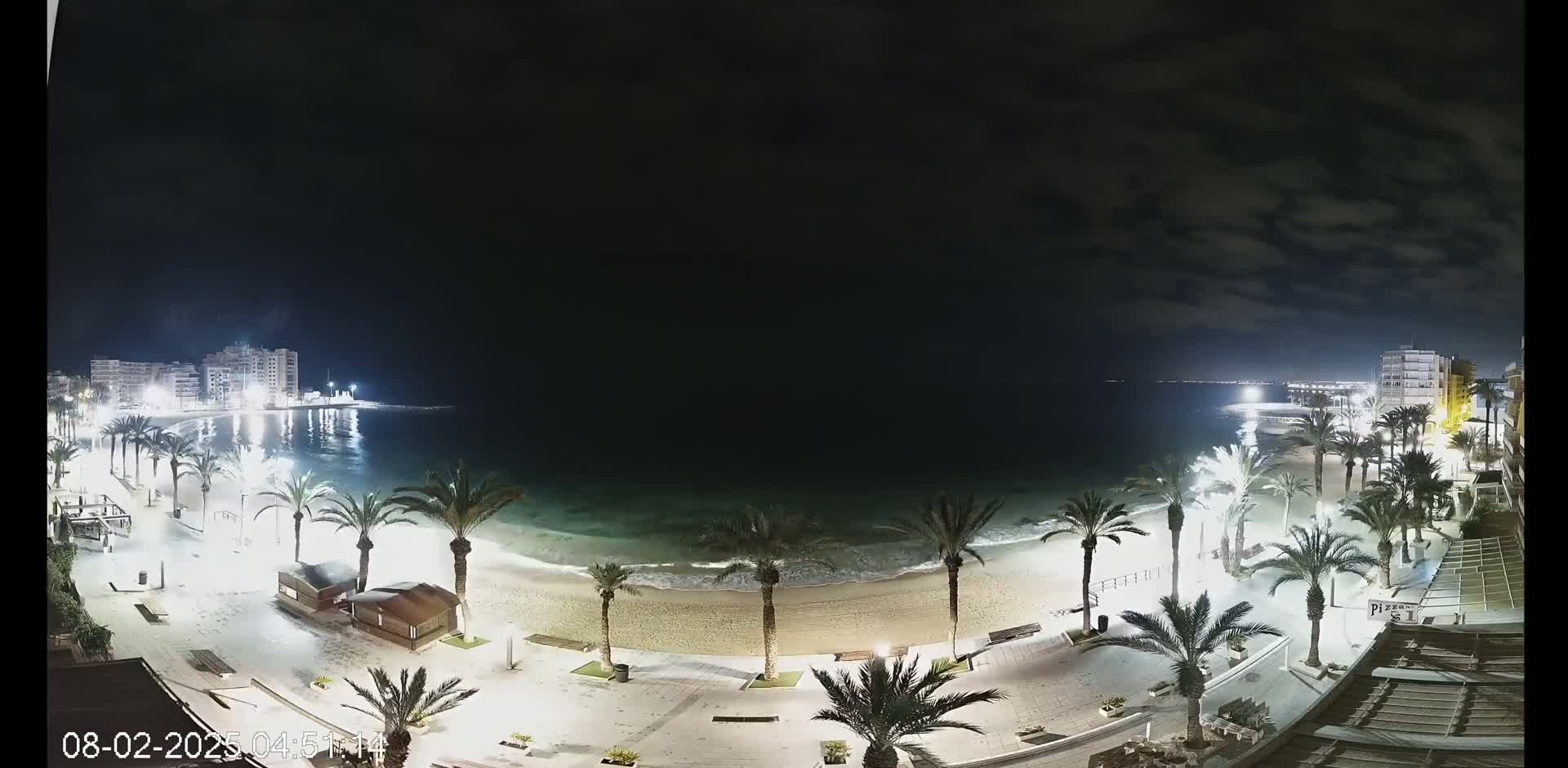 A nighttime view of a beach with palm trees lining a paved walkway, buildings visible in the distance under a partly cloudy sky.
