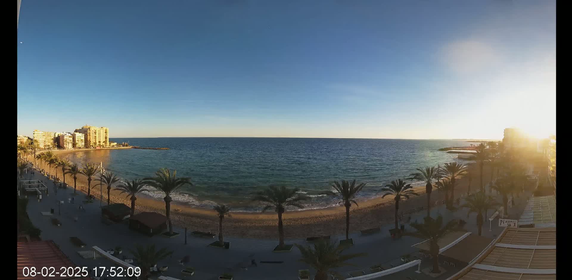 A sandy beach lined with palm trees stretches along a calm ocean under a clear, bright blue sky, with buildings visible in the distance and the sun setting to the right.