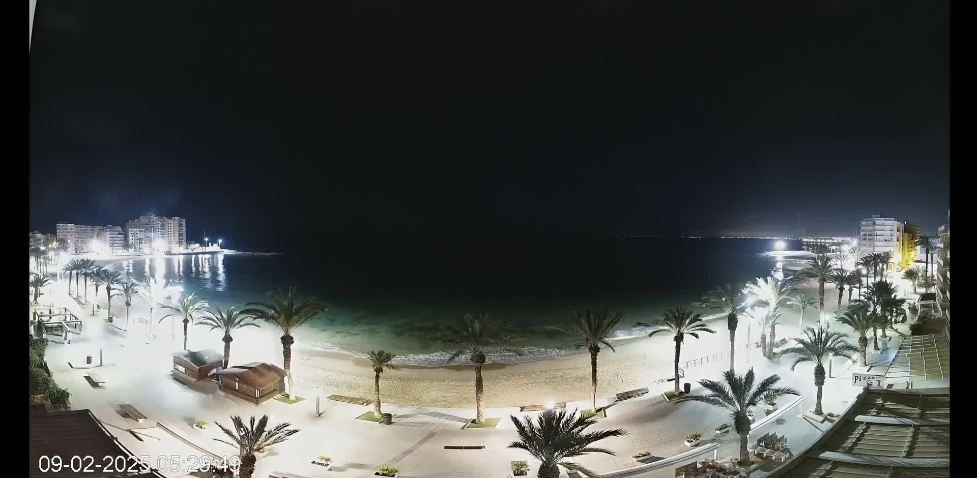 A nighttime beach scene shows a sandy shore lined with palm trees, buildings, and lights under a dark sky.