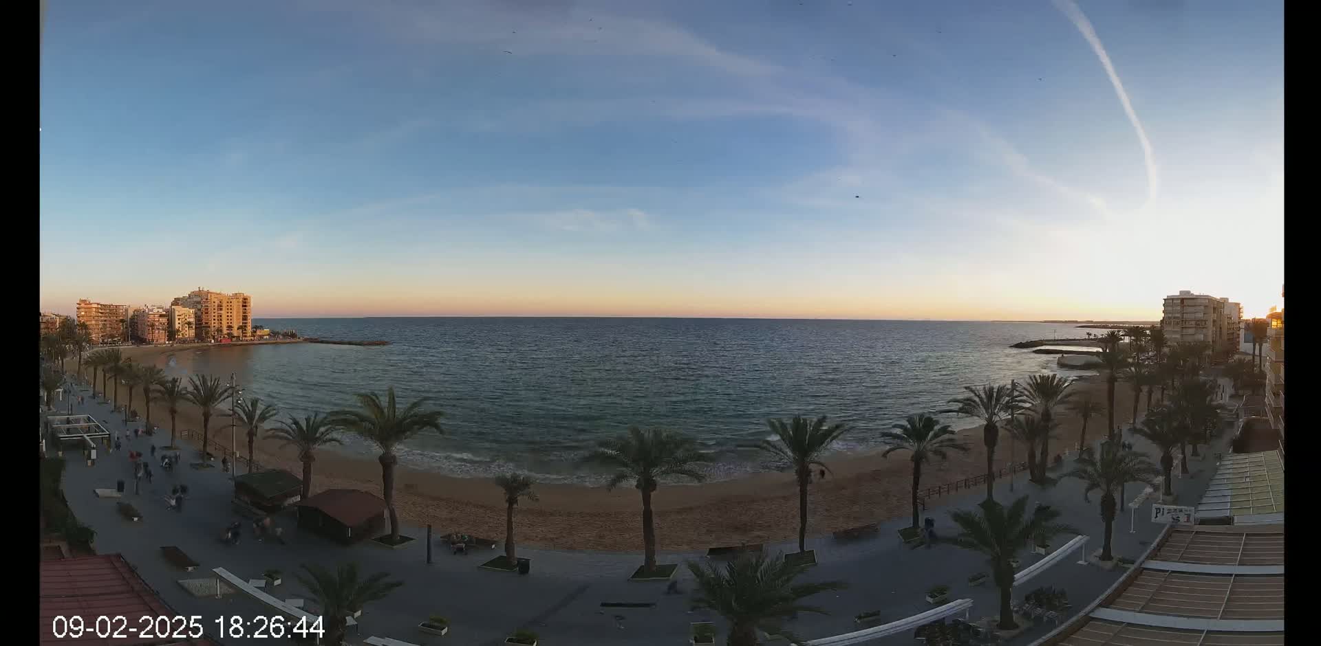 A sandy beach with palm trees lines a calm ocean at sunset, with buildings visible in the background.