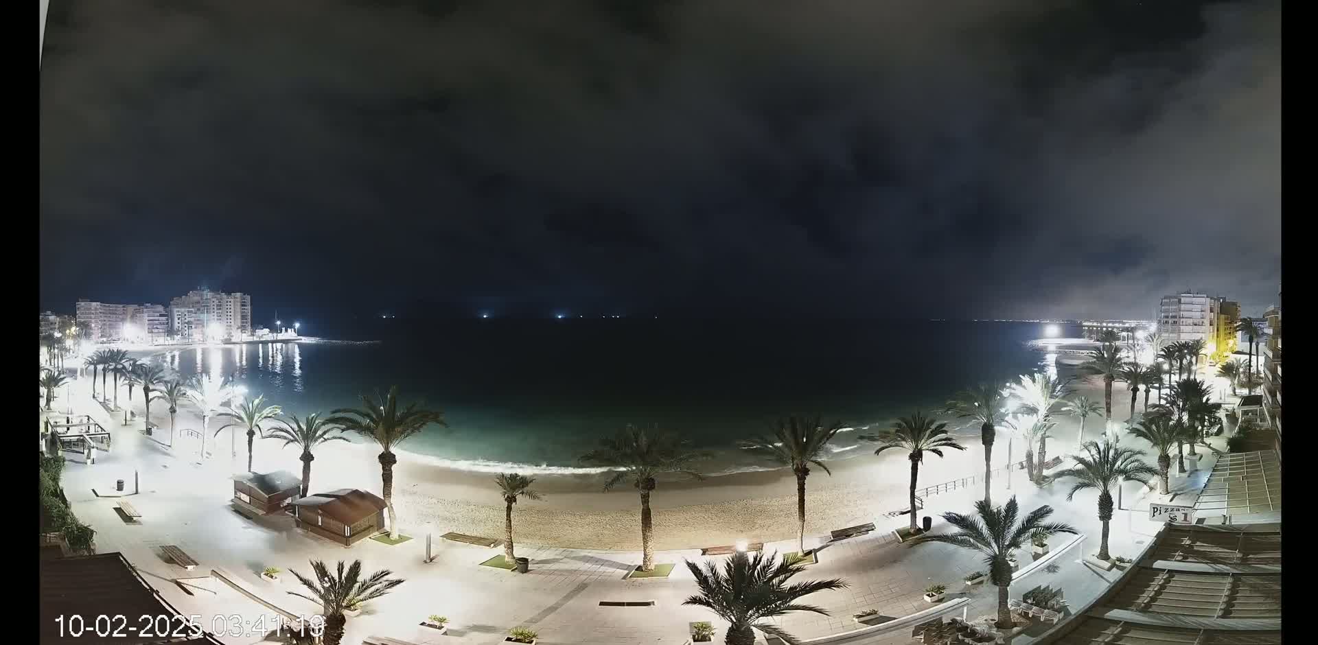 A nighttime view of a beach with palm trees lining a paved walkway, buildings in the background, and calm waves lapping the shore under a cloudy sky.