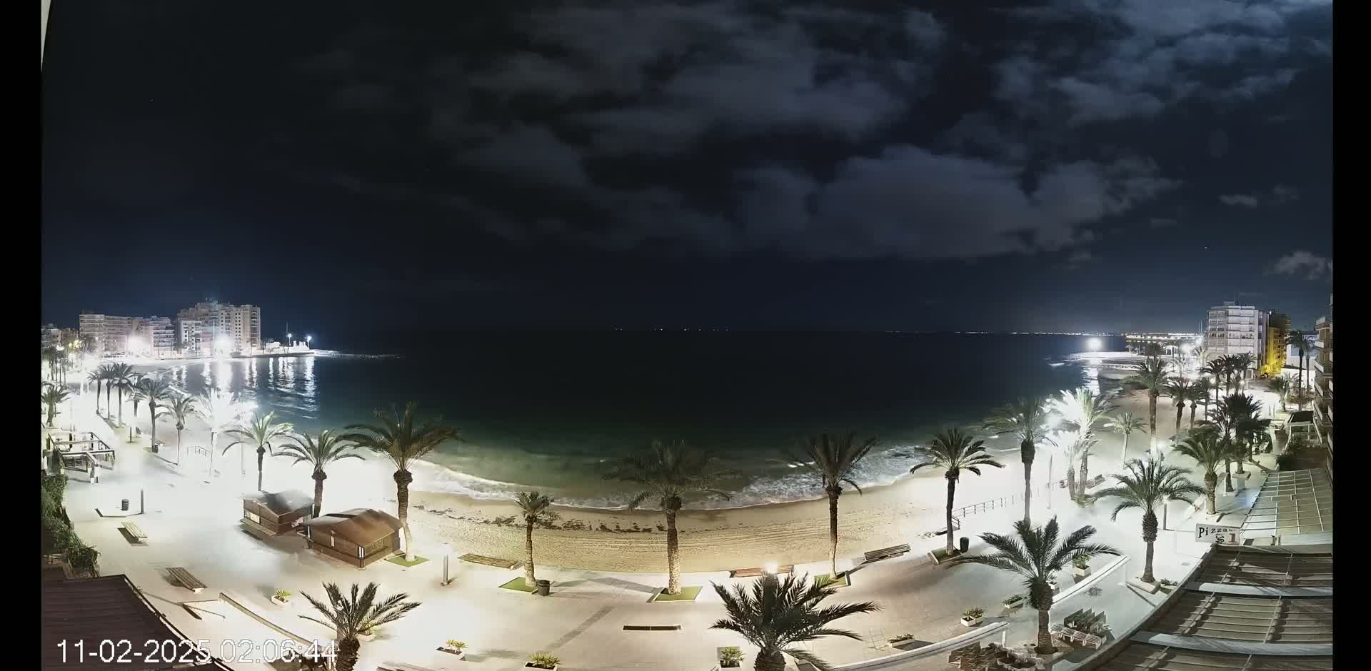 A nighttime view of a beach with palm trees lining a paved walkway, buildings in the background under a partly cloudy sky.