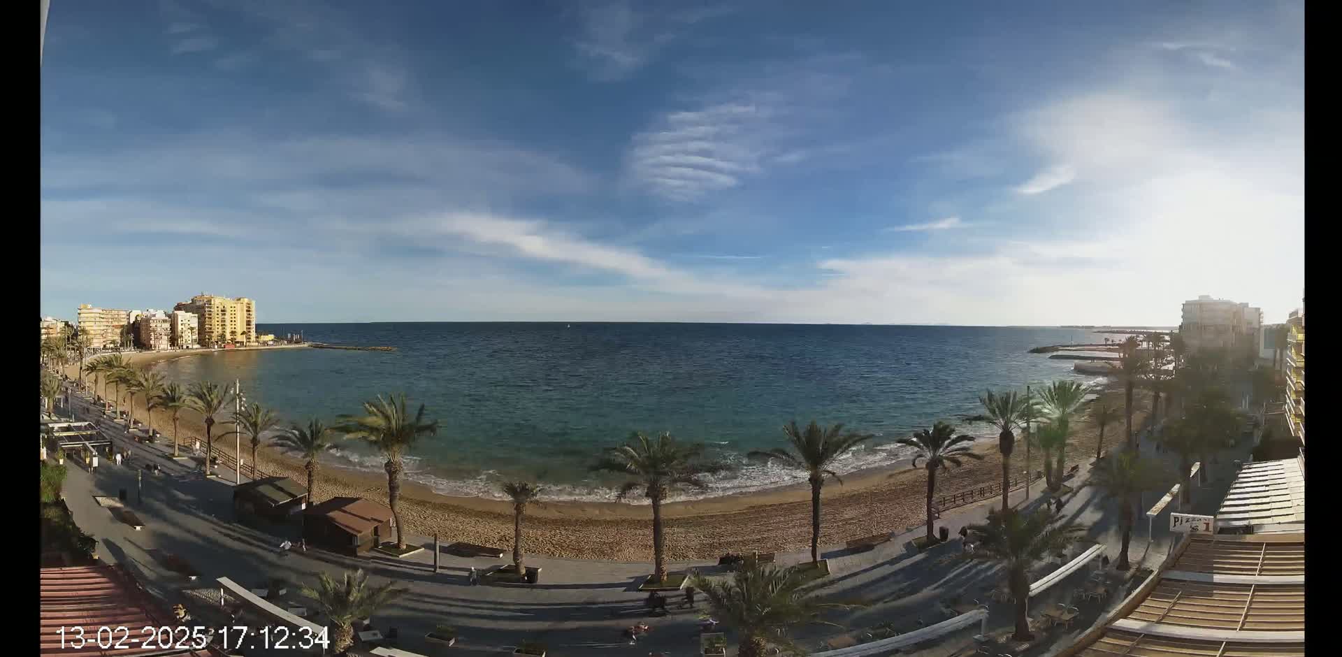 A sandy beach lined with palm trees and buildings is visible along a calm, blue ocean under a mostly sunny sky with a few clouds.