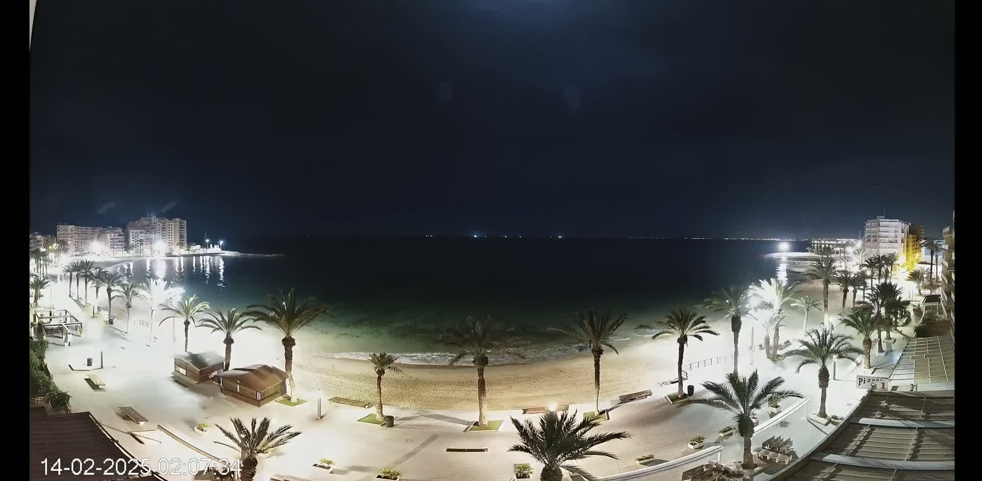 A nighttime, beachside view shows a calm sea, a sandy beach lined with palm trees, and buildings illuminated along the shore under a dark sky.