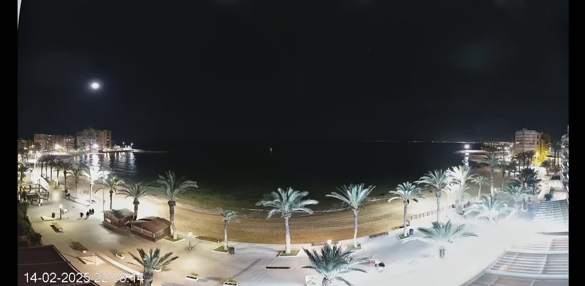 A nighttime, overhead view of a beach with palm trees lining a paved walkway, buildings in the distance, and a bright moon in the sky.