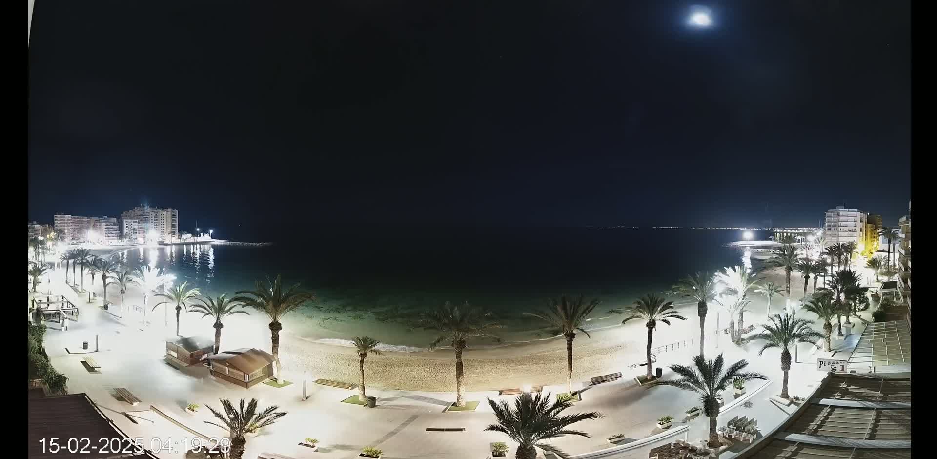 A moonlit night scene shows a beach with palm trees lining a paved walkway, buildings in the background, and calm water.