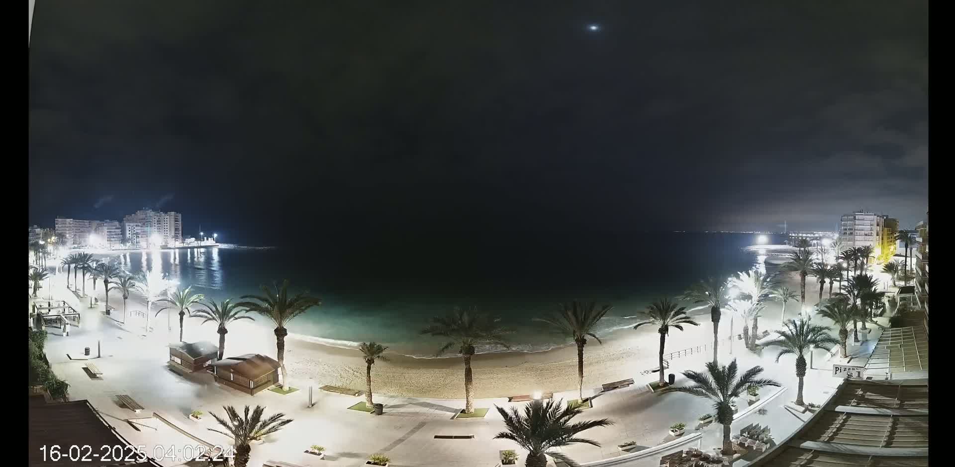 A nighttime view of a sandy beach lined with palm trees and illuminated walkways, under a dark, mostly clear sky with a single visible star or planet.