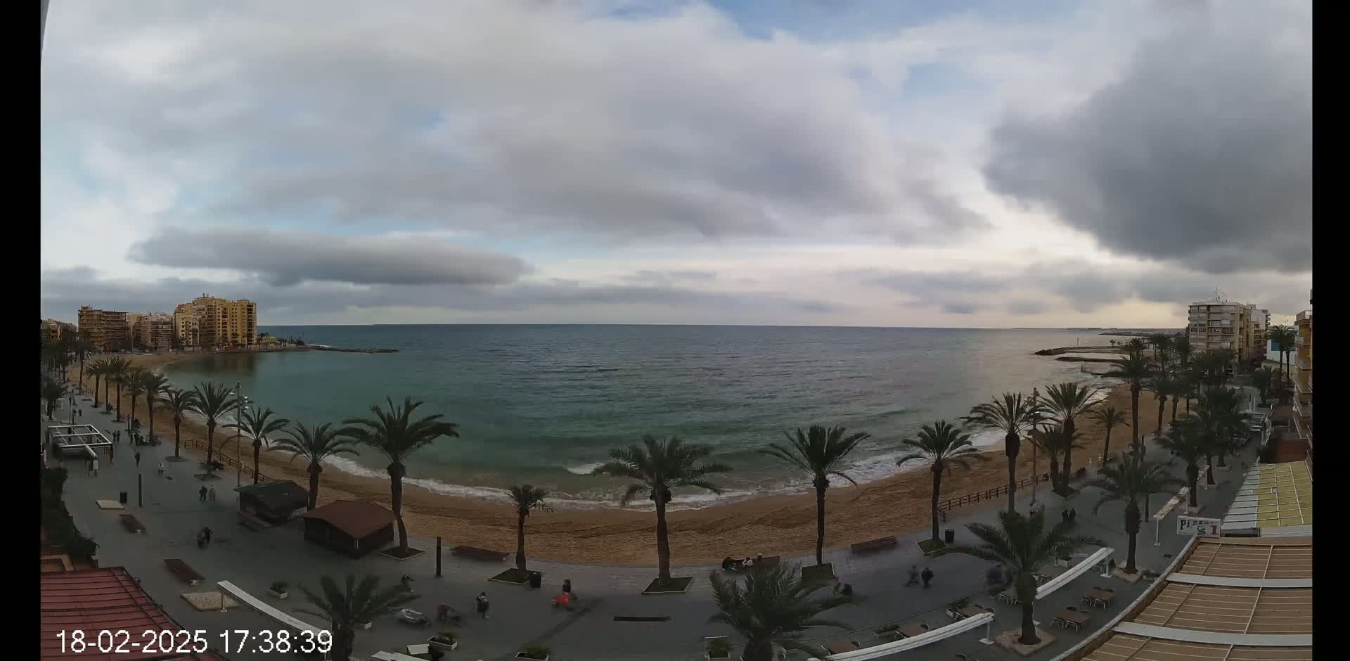 A sandy beach lined with palm trees and buildings stretches along a calm, greenish-blue ocean under a mostly cloudy sky.