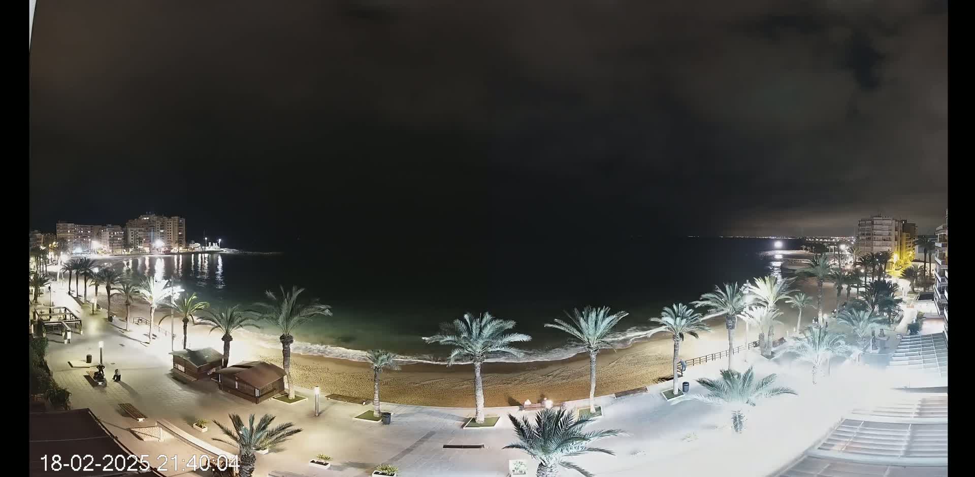 A nighttime view of a sandy beach, lined with palm trees and illuminated walkways, beside a calm ocean under a dark, cloudy sky.