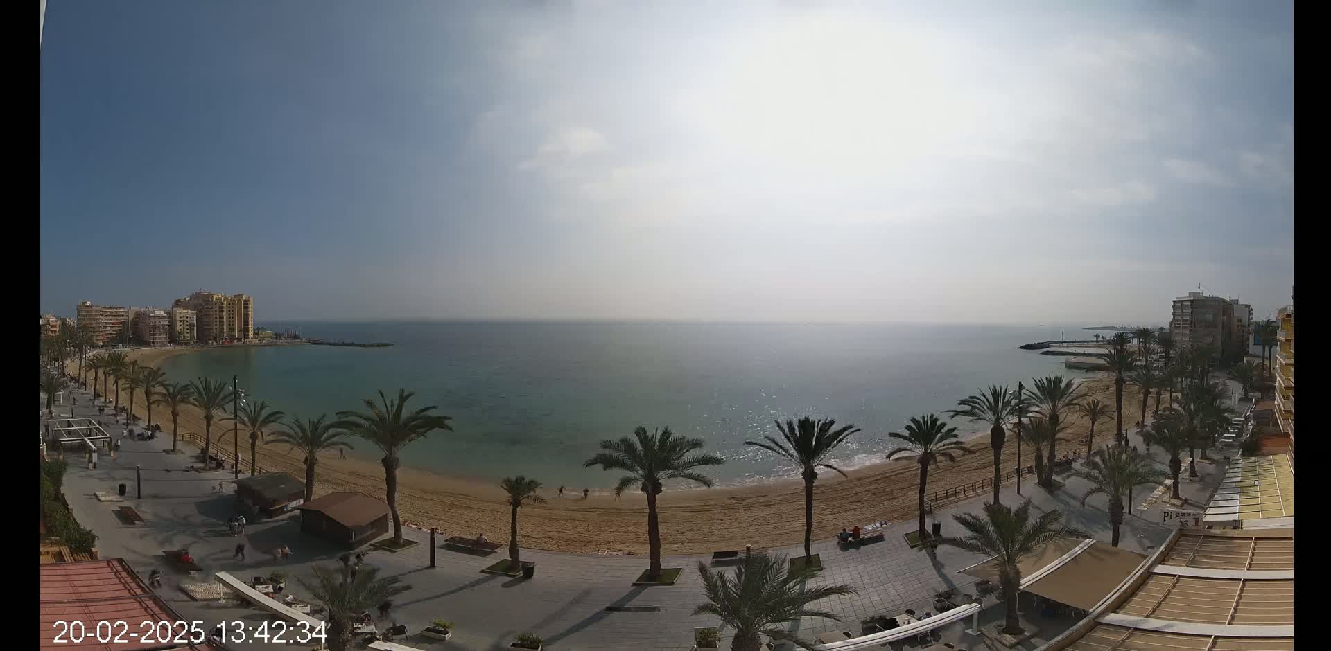 A sandy beach lined with palm trees and buildings stretches along a calm, hazy ocean under a mostly sunny sky.