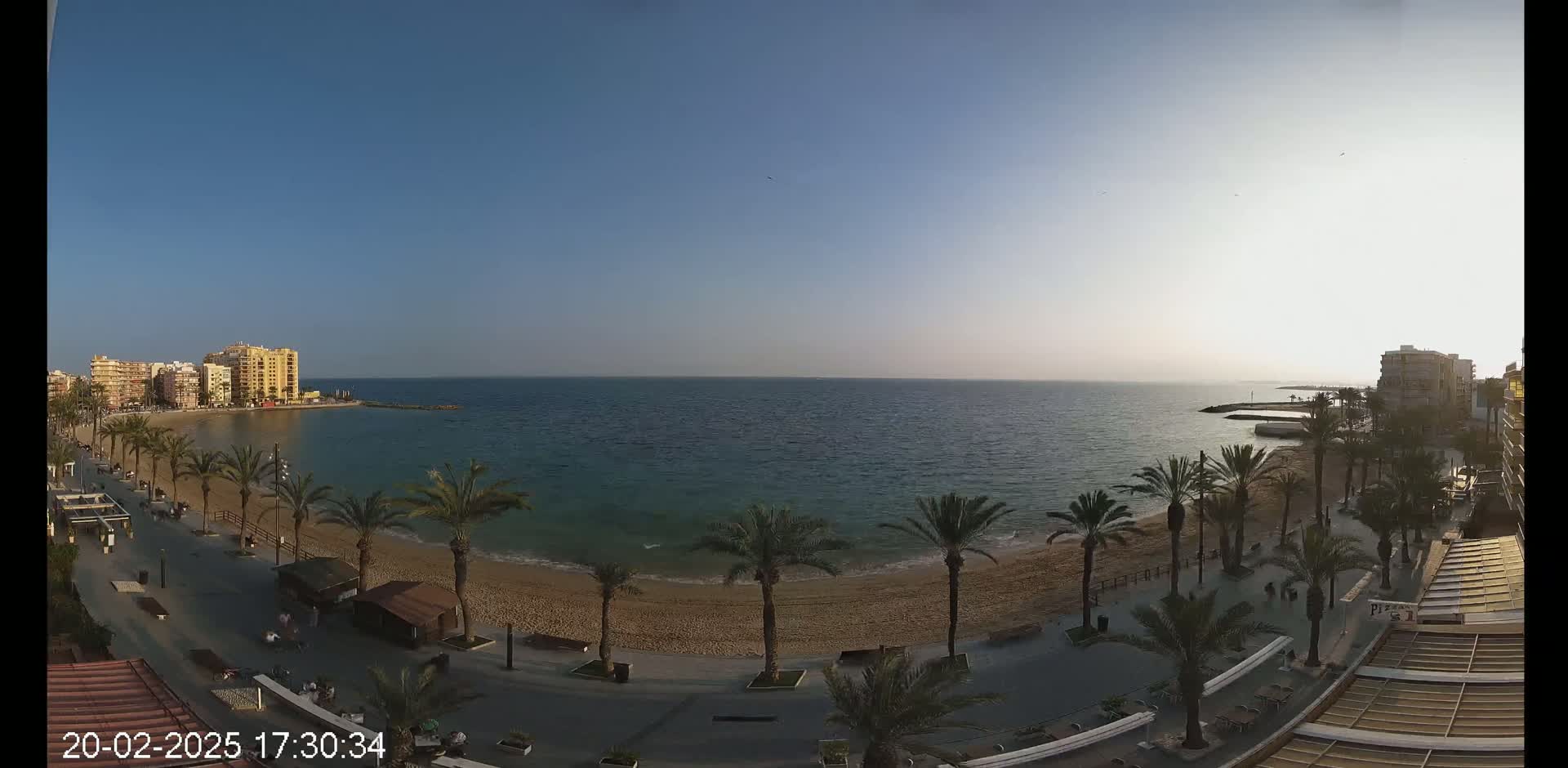 A sandy beach lined with palm trees and buildings is visible, with calm, blue-green water extending to the horizon under a clear blue sky.