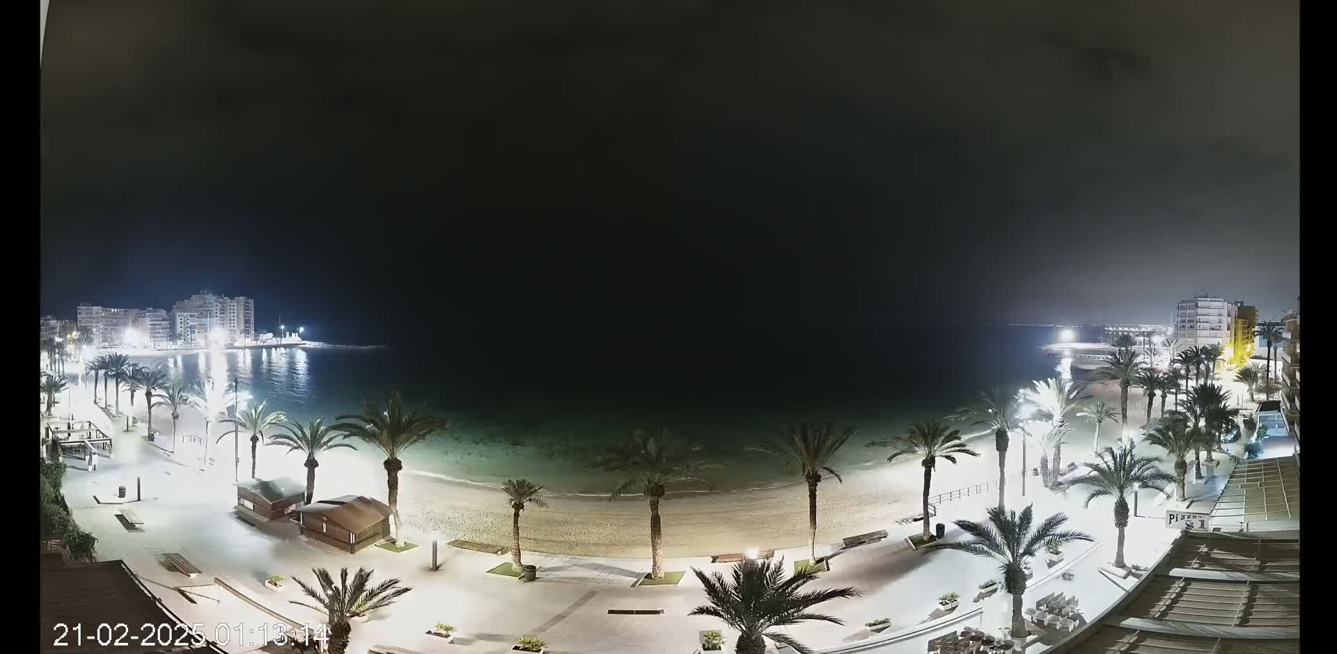A nighttime view of a beach at low tide, lined with palm trees and buildings, under a dark sky.