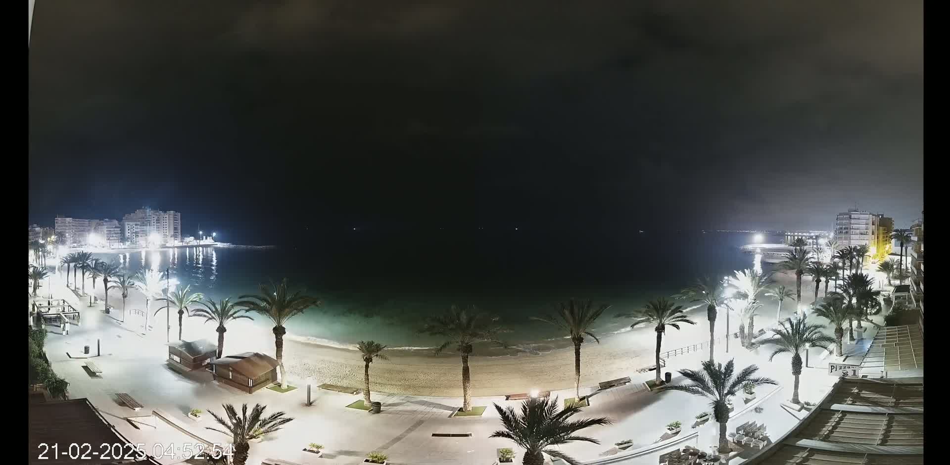A nighttime view of a beach with palm trees lining a paved walkway, buildings in the distance, and calm water under a dark sky.