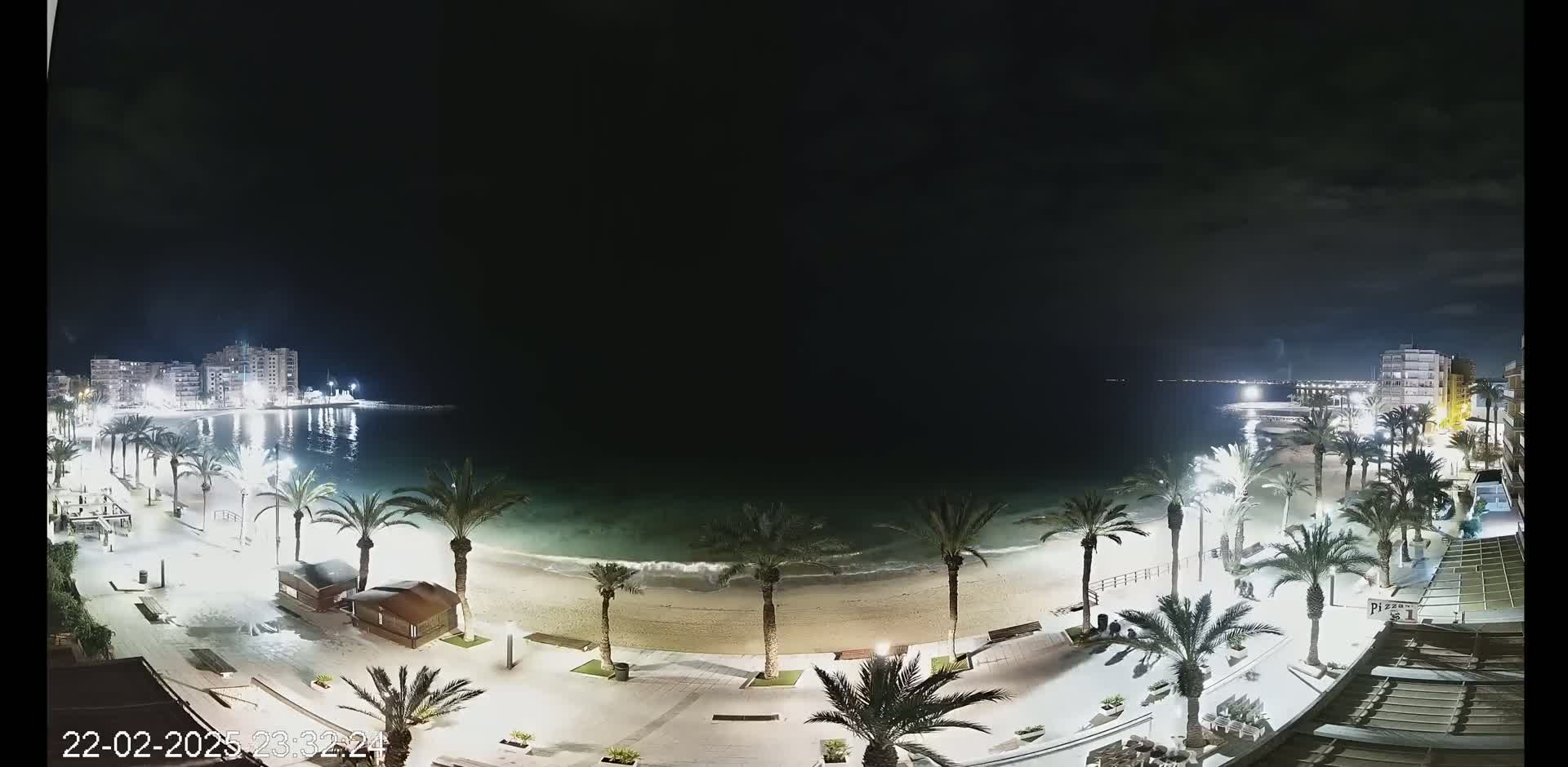A nighttime view of a beach with palm trees lining a paved walkway, buildings visible in the background under a dark sky.
