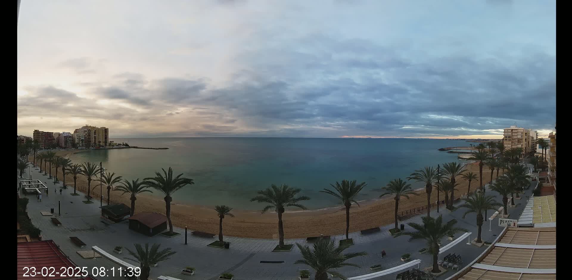 A sandy beach lined with palm trees and buildings stretches along a calm, teal sea under a cloudy sky.