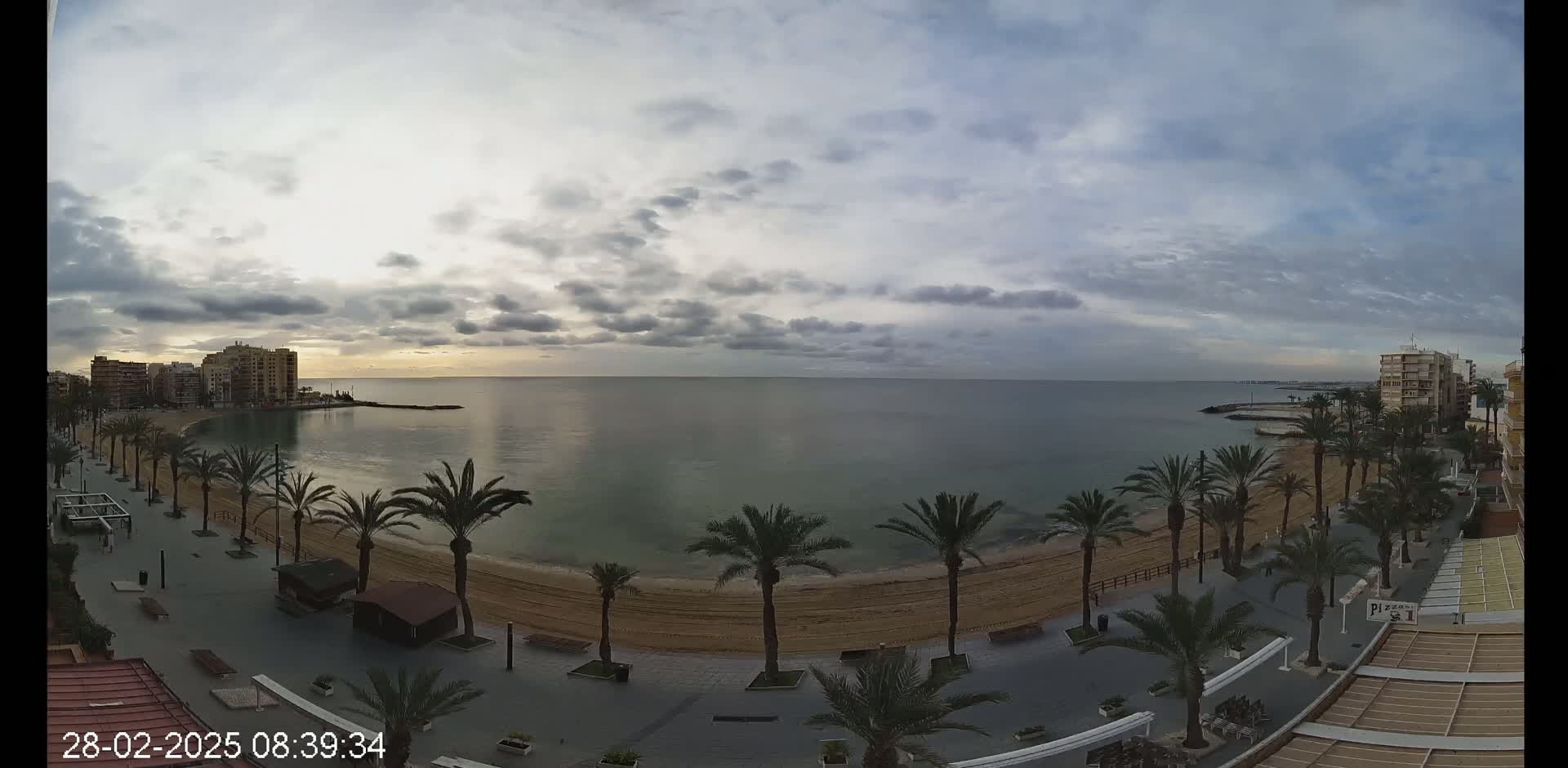 A sandy beach lined with palm trees is bordered by buildings under a cloudy sky, with calm water visible beyond.