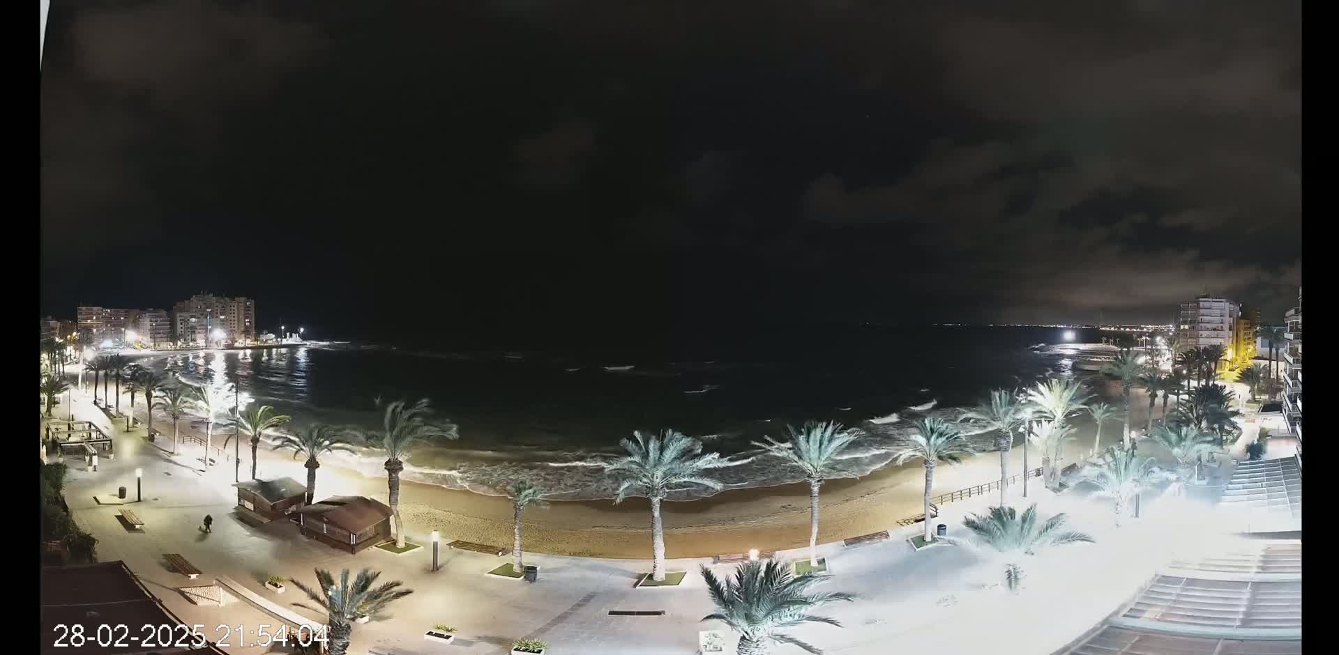 A nighttime, high-angle view of a beach with palm trees lining a paved walkway, buildings in the distance, and moderately wavy water under a partly cloudy sky.