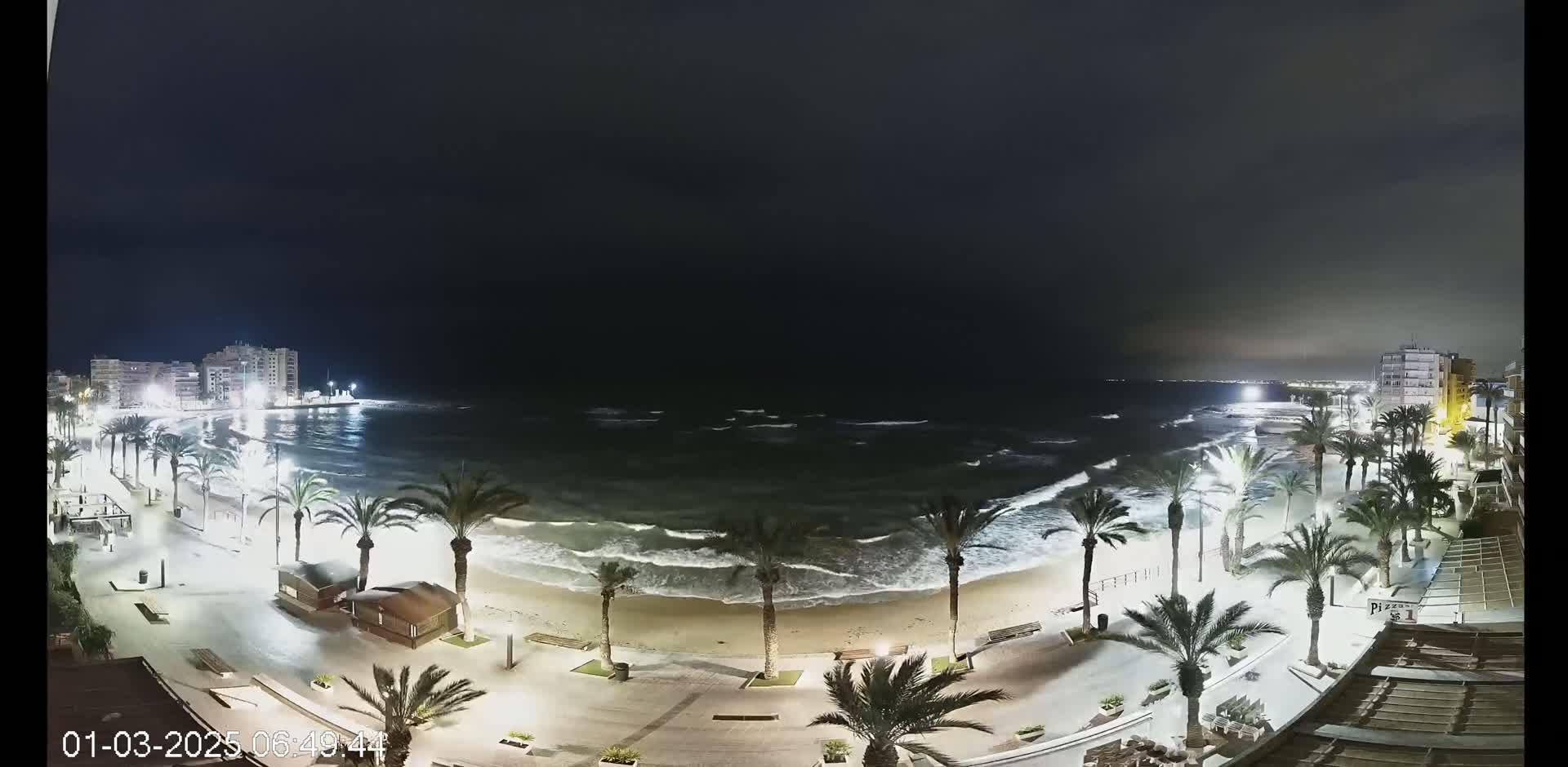 A nighttime view of a beach with palm trees lining a paved walkway, showing moderate waves under a dark sky.
