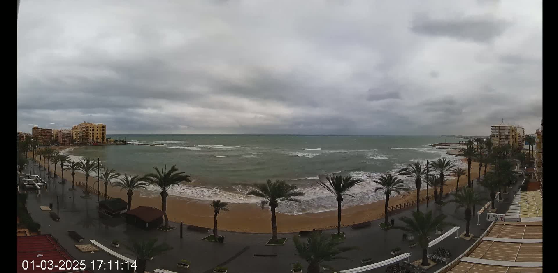 A beach with palm trees lining a wet promenade is seen under a cloudy, overcast sky, with waves crashing onto the shore.