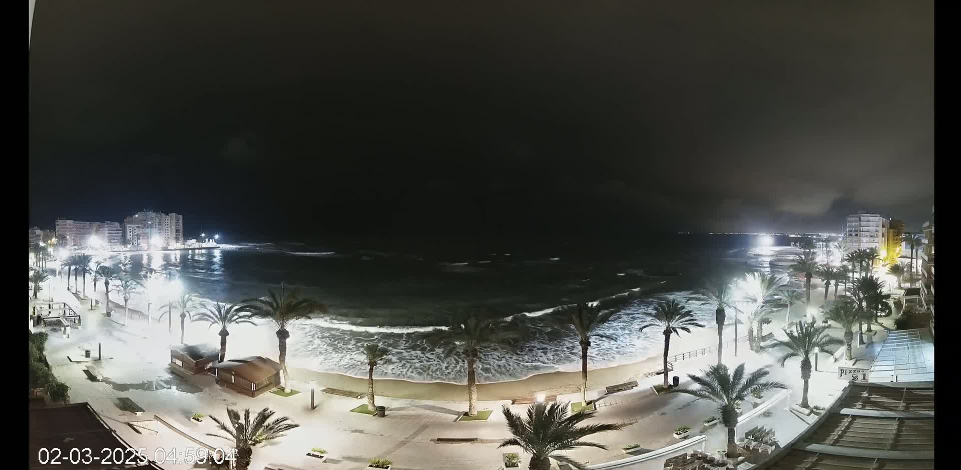 A nighttime view of a beach with palm trees and buildings along the shore, showing moderately rough waves under a dark sky.