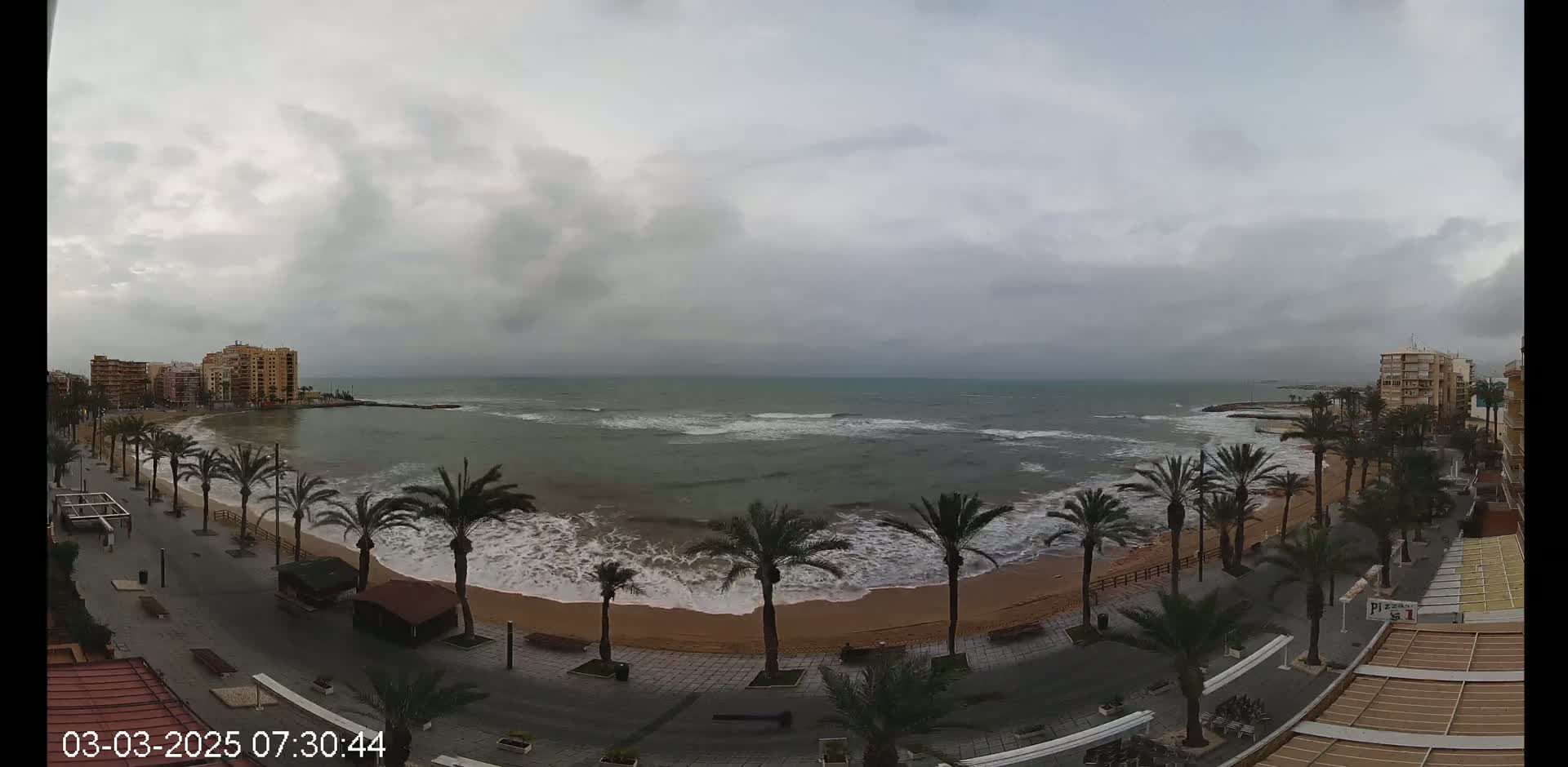 A beachfront promenade lined with palm trees overlooks a sandy beach with moderately rough waves under an overcast sky.