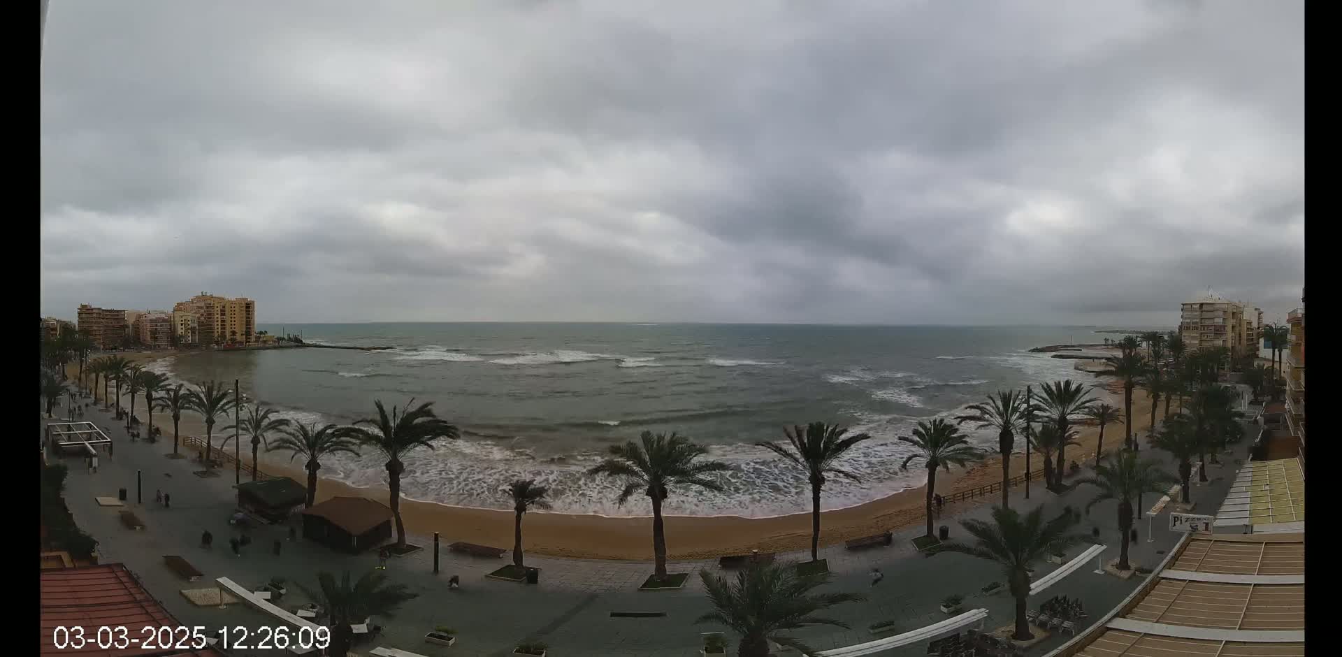 A sandy beach with palm trees lines a boardwalk overlooking a wavy ocean under a cloudy sky.