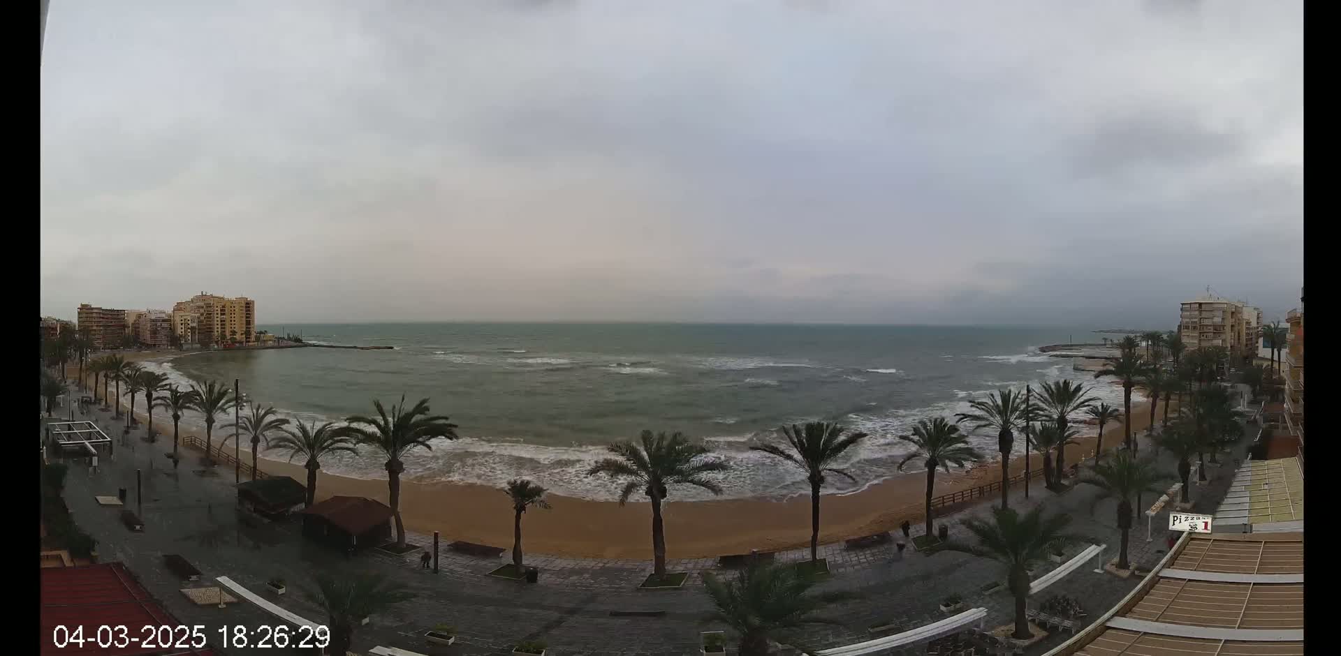A beach with palm trees lining a paved walkway is shown under an overcast sky, with moderately rough waves crashing on the shore.