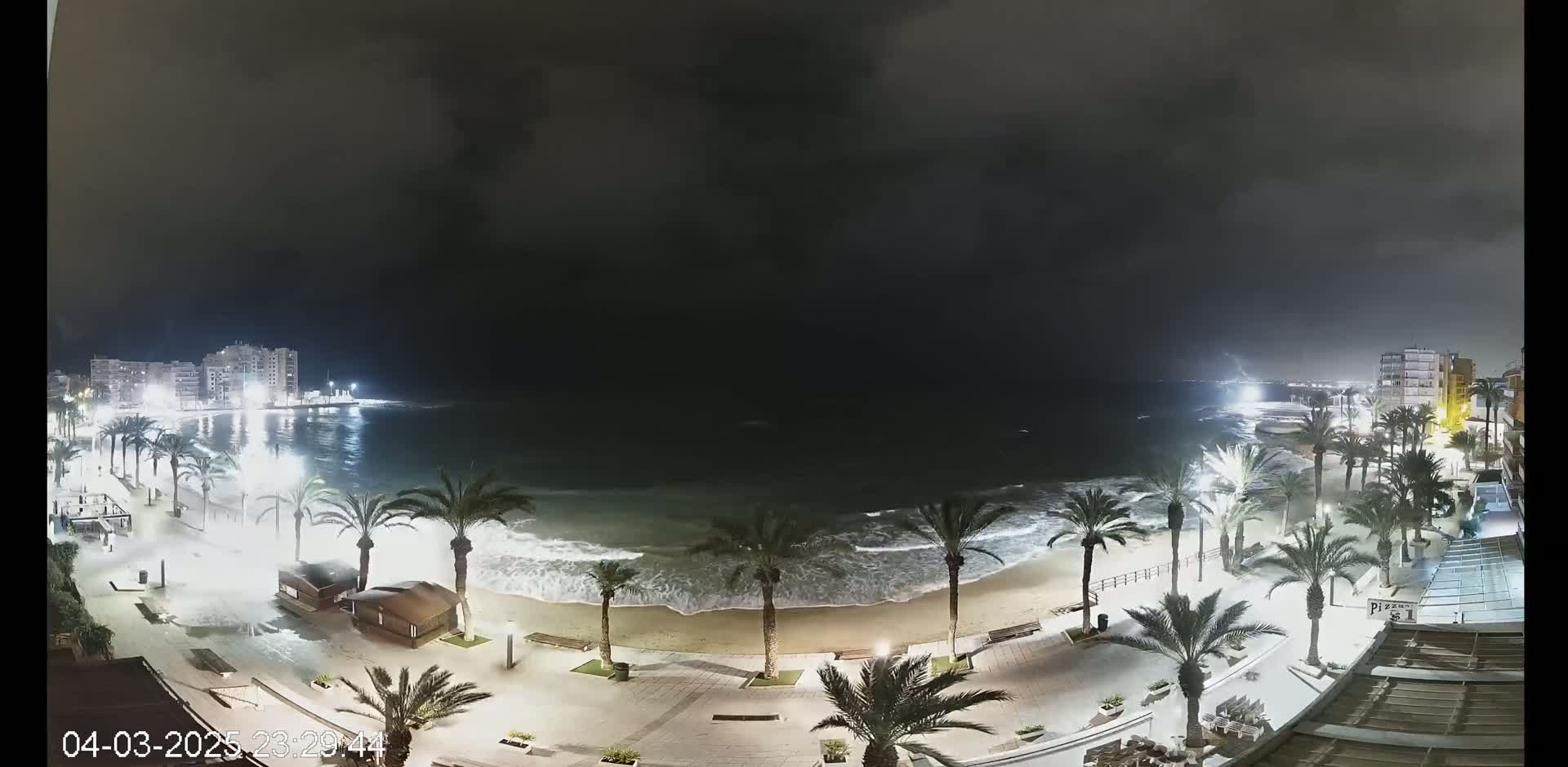A nighttime view of a beach with palm trees and buildings along the shore, under a dark, cloudy sky with moderate waves breaking on the sand.
