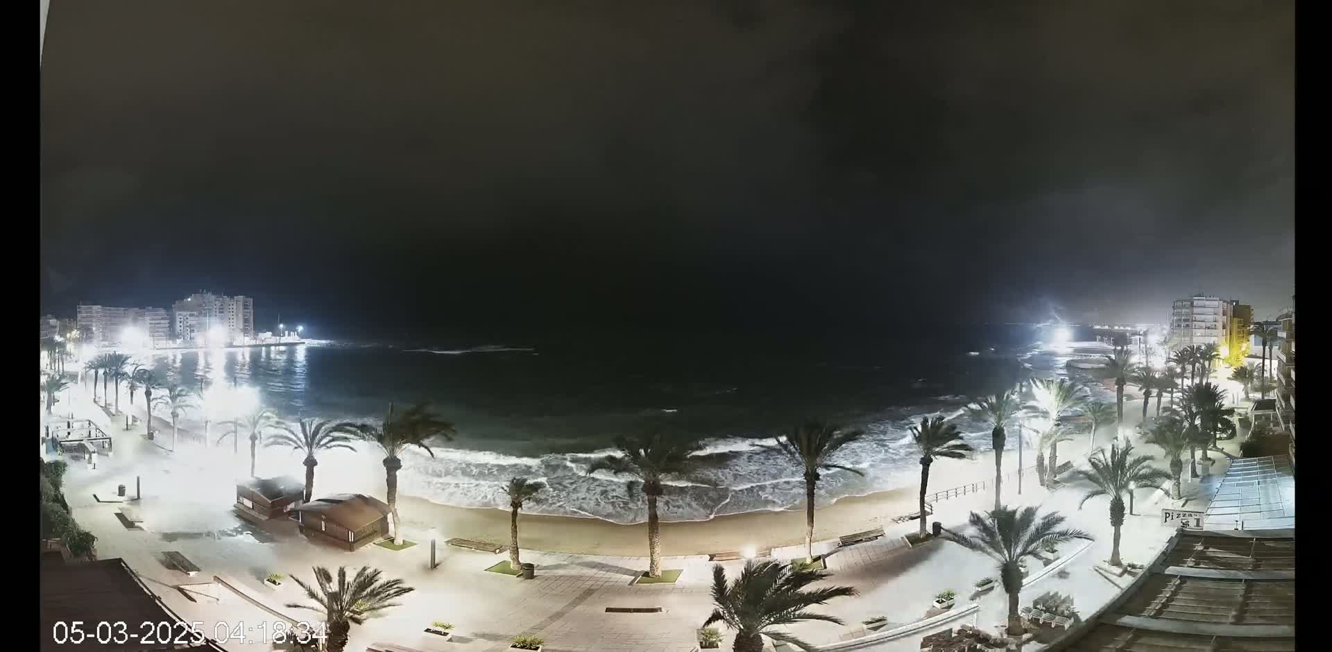 A nighttime beach scene shows moderate waves crashing onto the shore, palm trees lining a paved walkway, and buildings illuminated in the background under a dark sky.