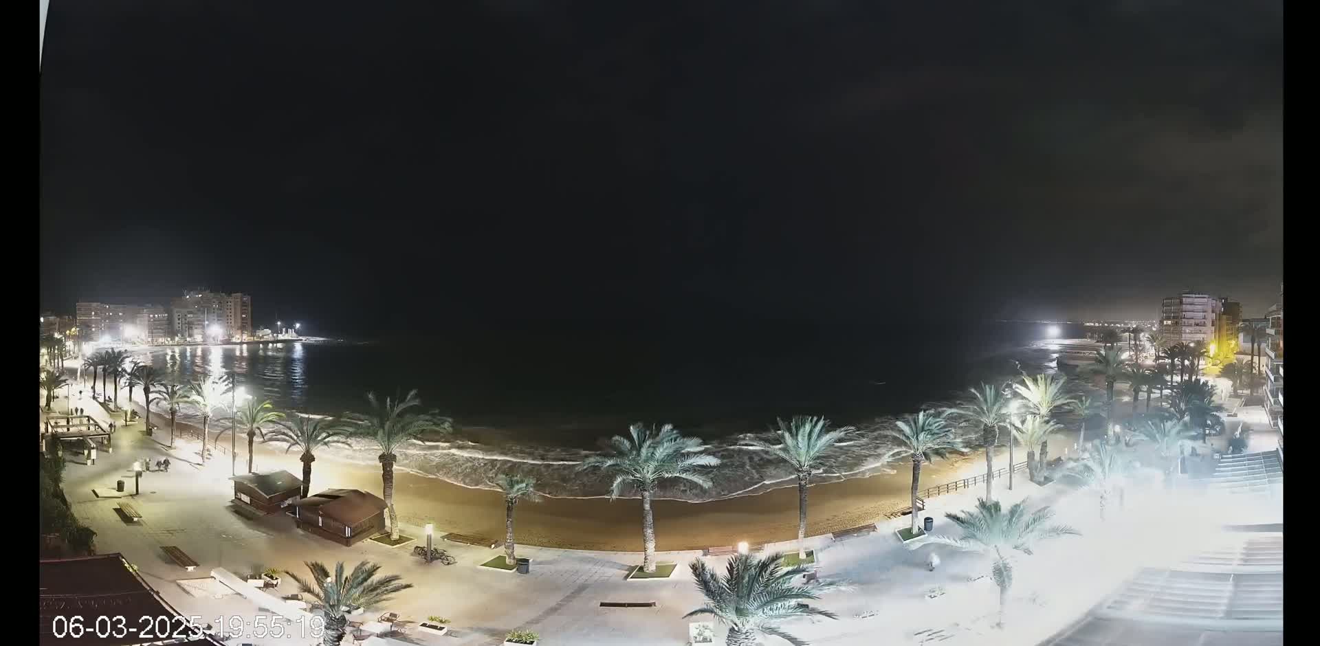 A nighttime view of a sandy beach with palm trees lining a paved walkway, gentle waves lapping the shore, and buildings visible in the distance under a dark sky.