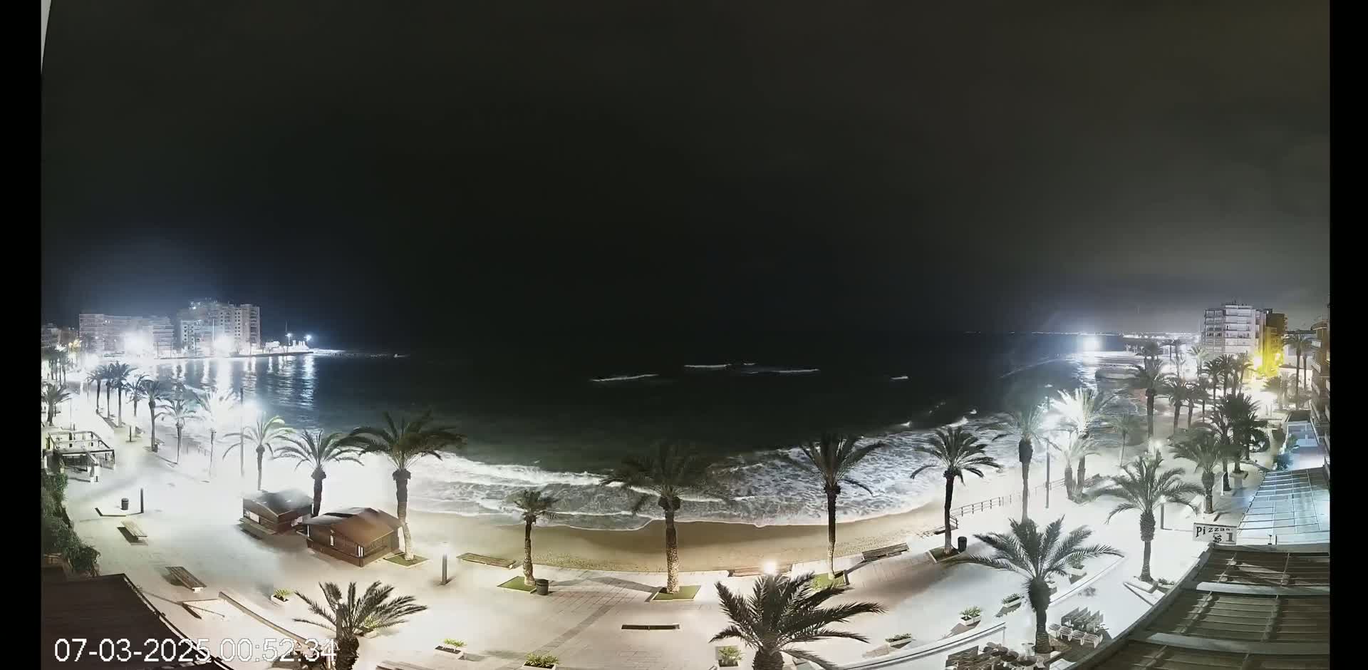 A nighttime view of a beach with palm trees lining a paved walkway, moderate waves lapping the shore, and buildings illuminated in the distance under a dark sky.