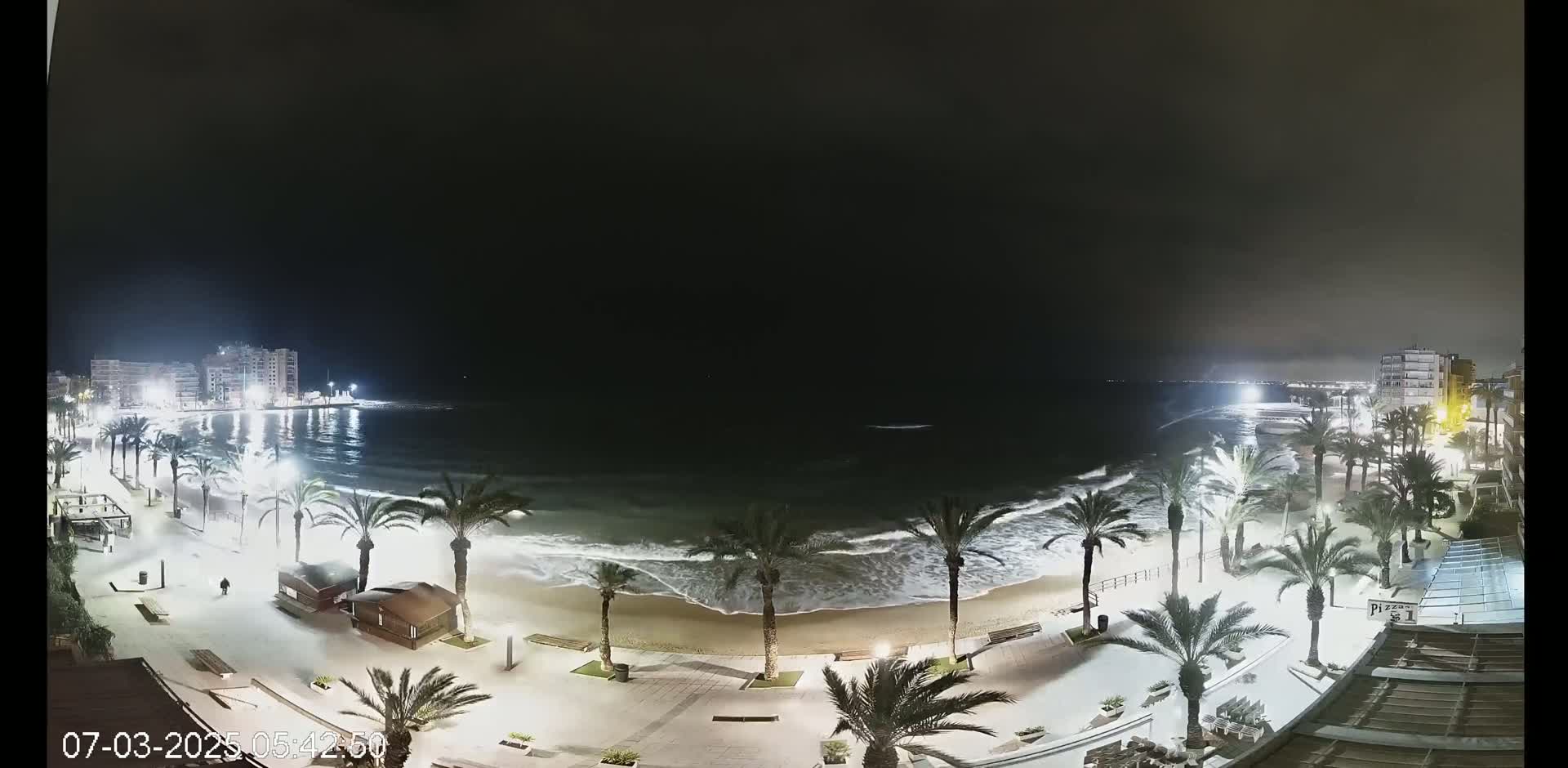 A nighttime beach scene shows moderately sized waves lapping onto a sandy shore lined with palm trees and buildings under a dark, clear sky.