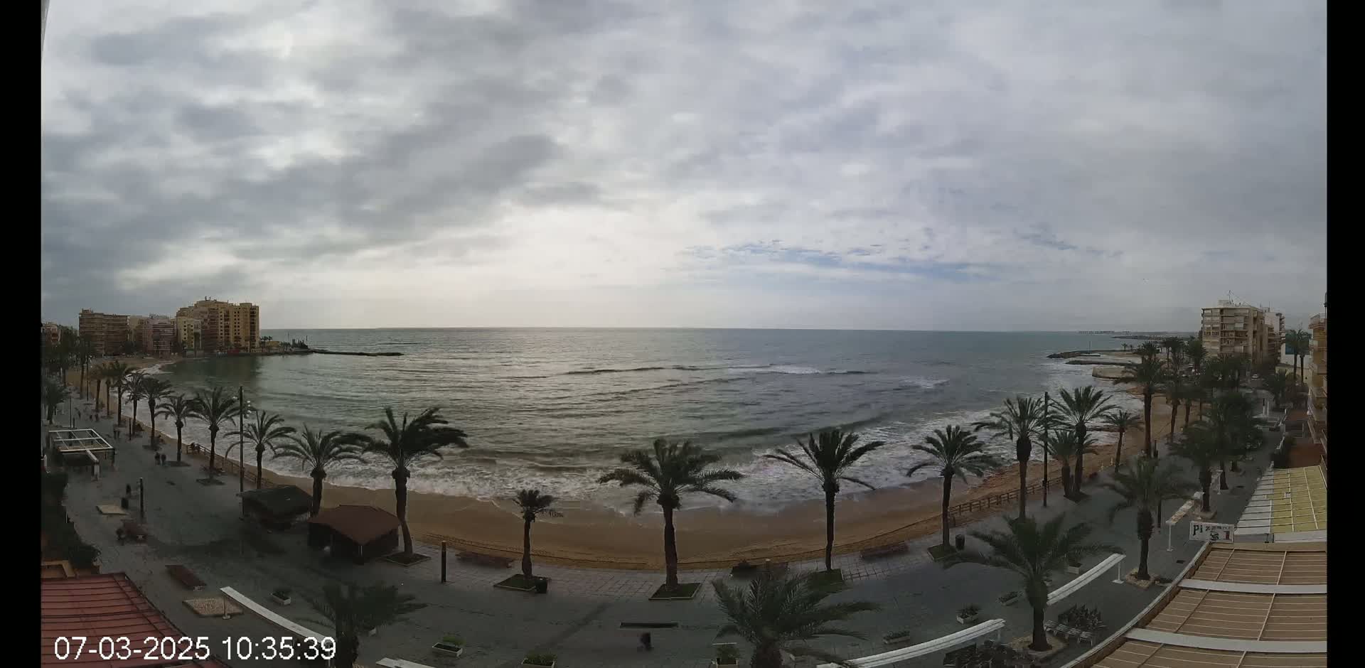 A beach with palm trees and buildings is visible under a cloudy sky, with moderate waves breaking on the shore.