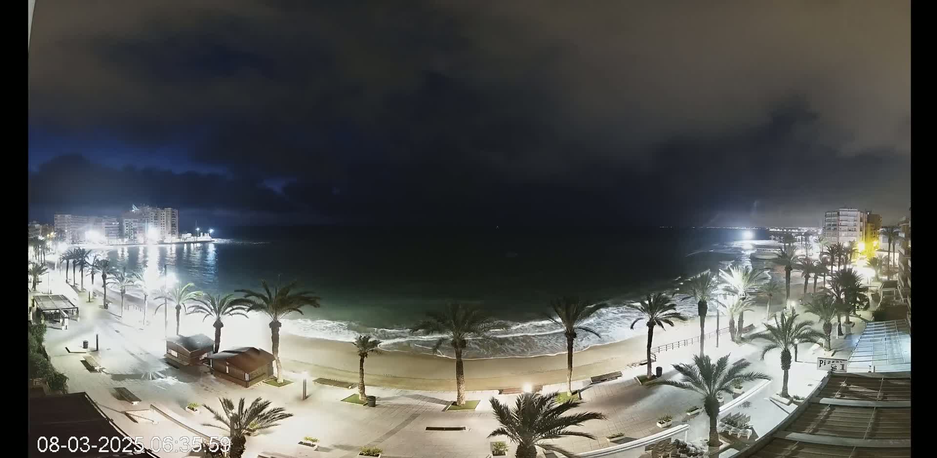 A nighttime view of a beach with palm trees lining a paved walkway, illuminated by streetlights, under a dark, cloudy sky with gentle waves lapping the shore.