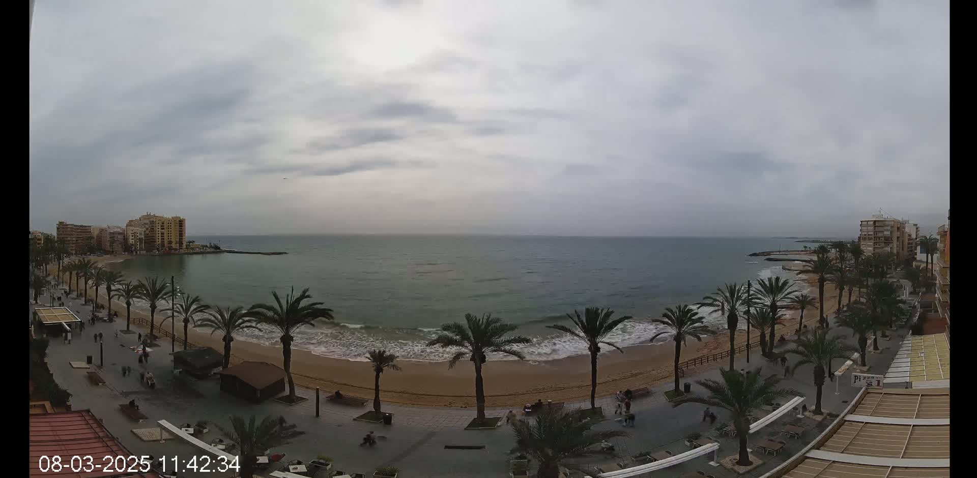 A sandy beach with palm trees lining a promenade, overlooked by buildings, under a cloudy sky with a calm sea.