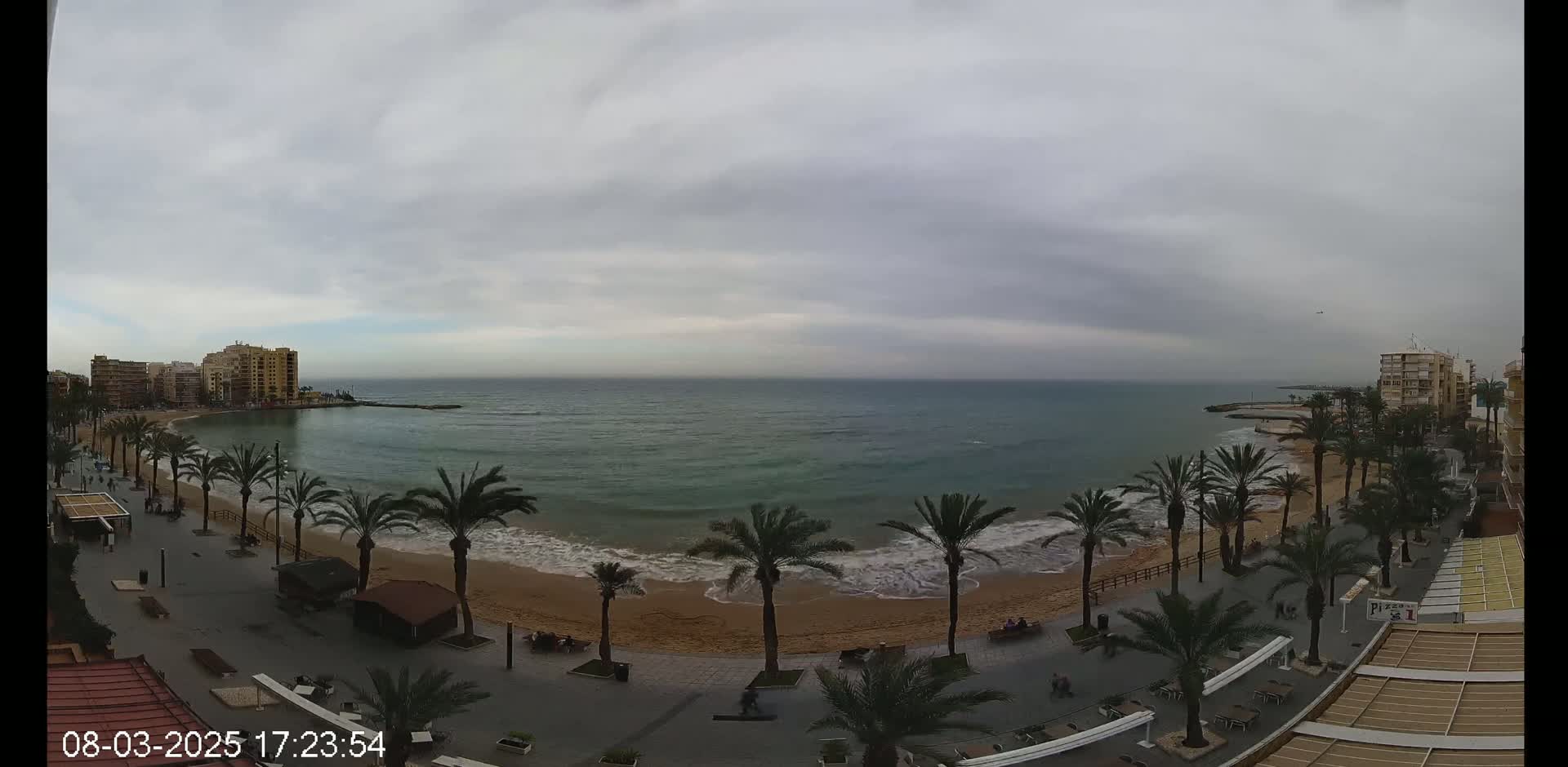 A sandy beach with palm trees lines a paved walkway next to a calm, greyish-green sea under an overcast sky.