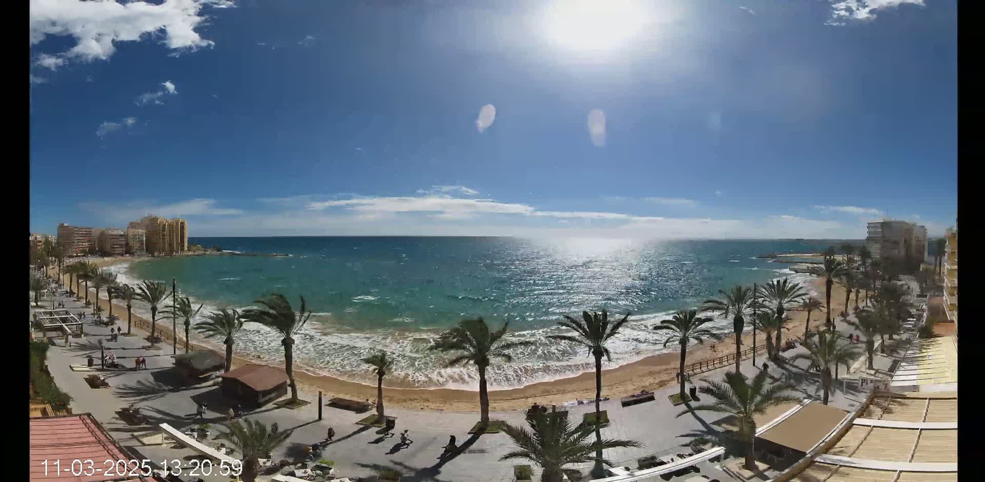 A sunny day with a windy ocean, waves crashing on a sandy beach lined with palm trees and buildings.