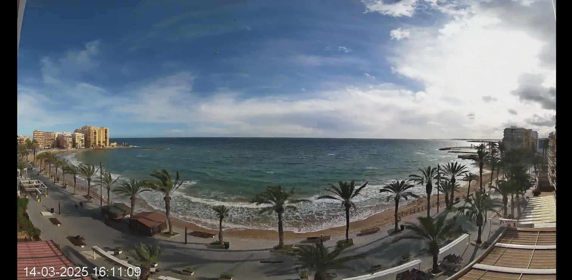 A partly cloudy day shows a view of a beach with palm trees lining a paved walkway, buildings visible in the distance, and moderately choppy waves on the ocean.
